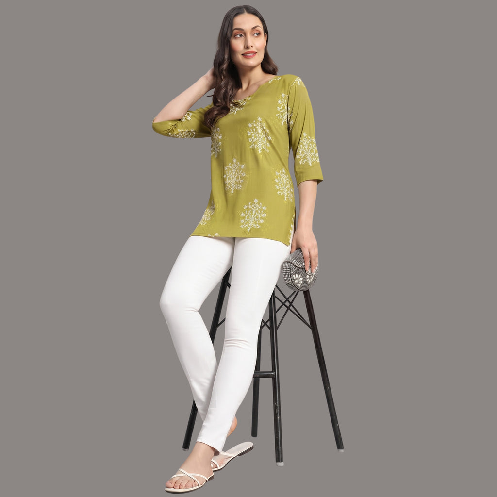 Women's Green Printed Short Kurti  | Casual Office Wear Kurti for Women