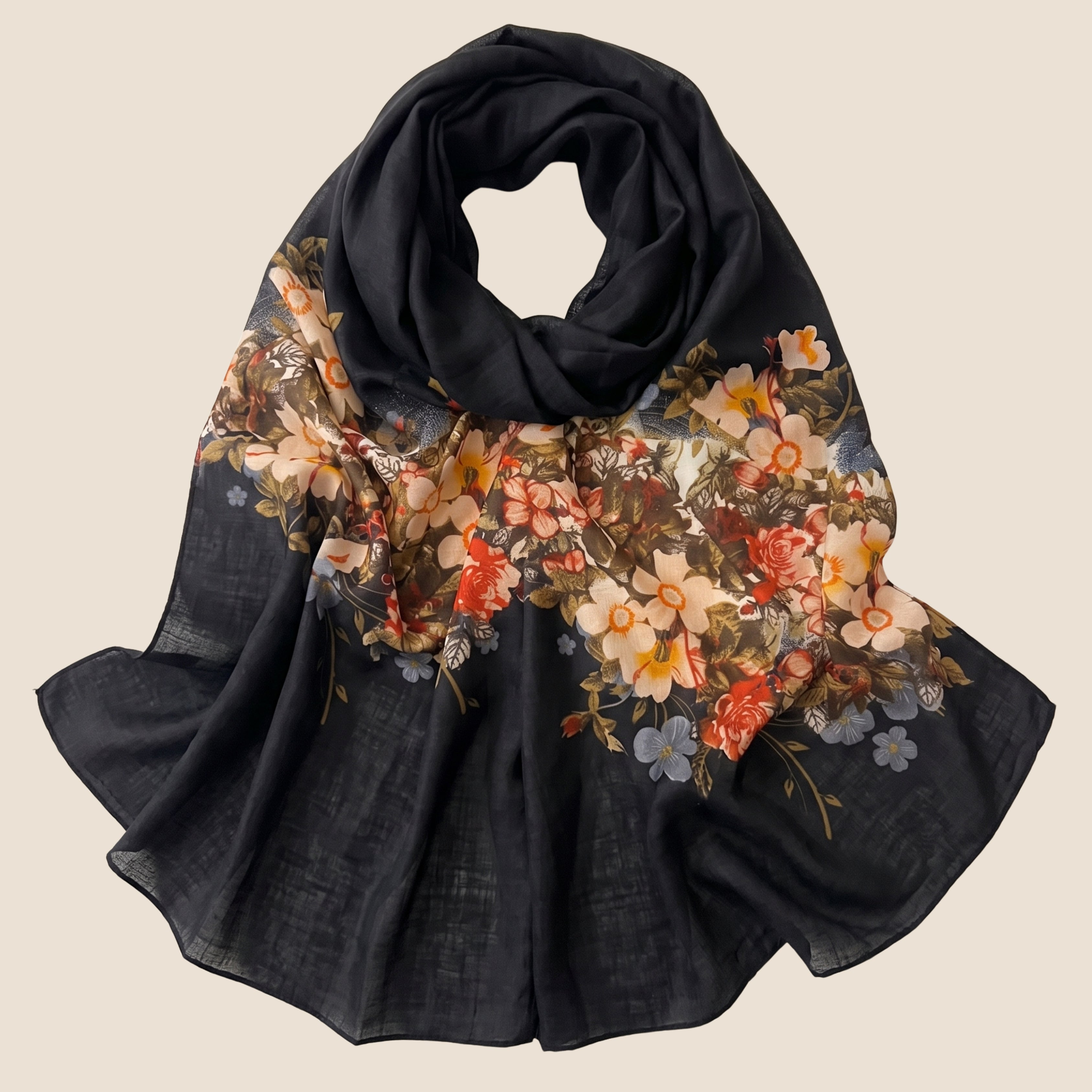 Elegant Black Floral Print Scarf for Women | Soft Lightweight Korean Style Shawl, Wrap & Stole