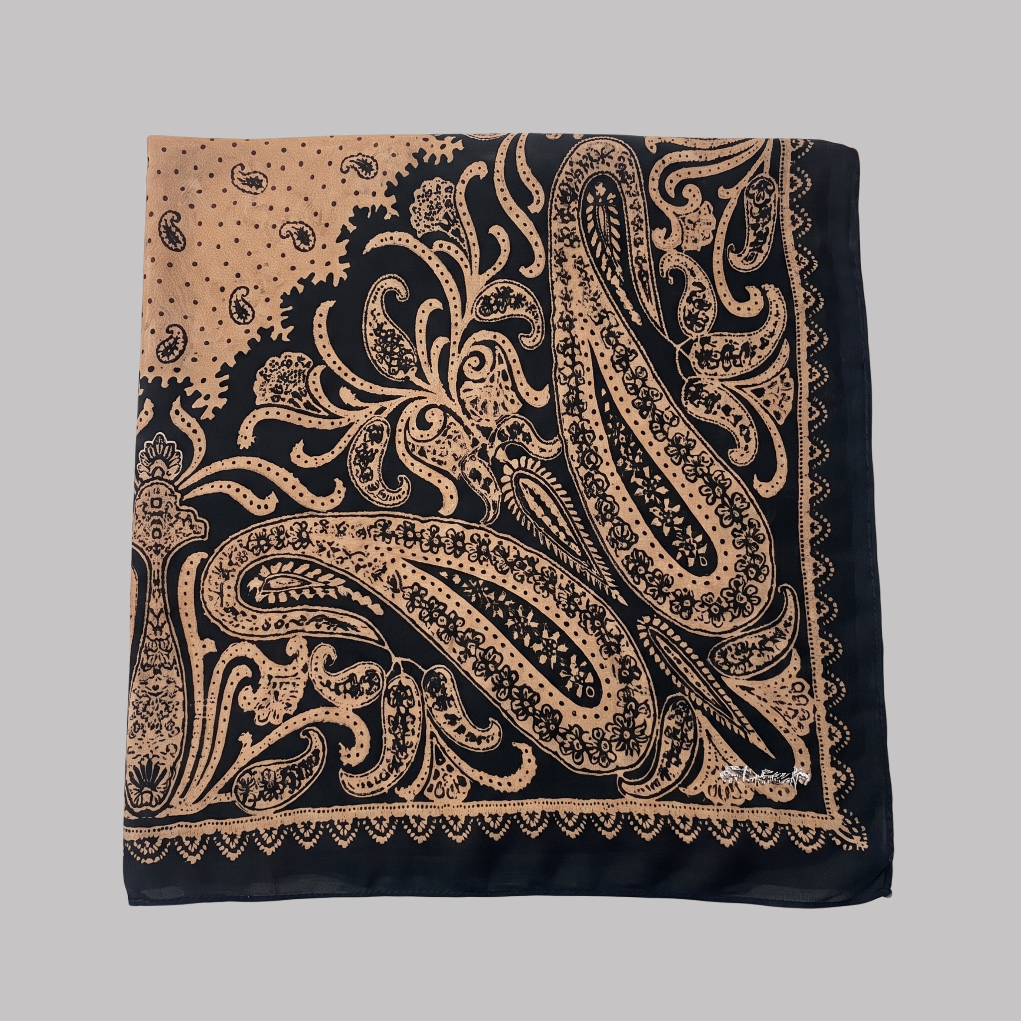 Classic Black & Beige Paisley Print Satin Scarf for Women | Elegant Lightweight Shawl, Wrap & Stole