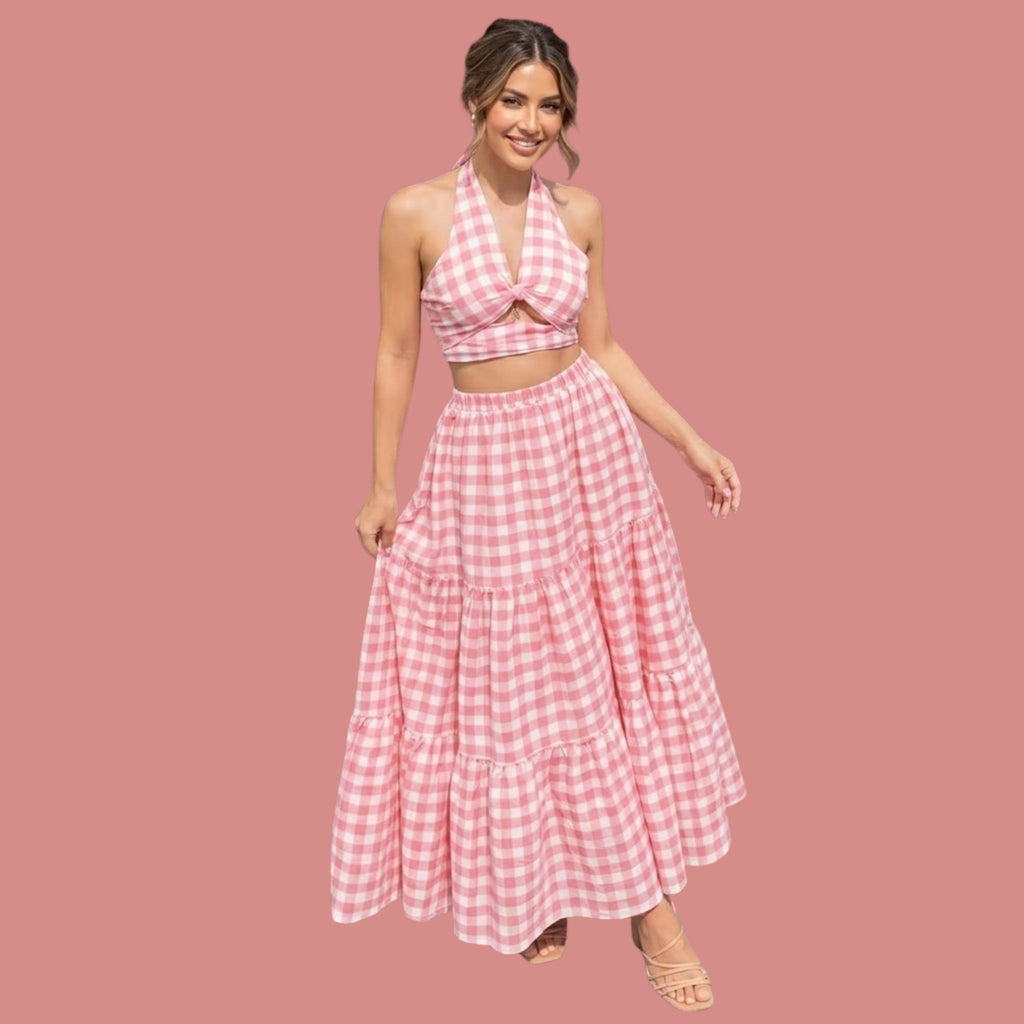 Korean Style Pink Gingham Tiered Maxi Skirt for Women | High Waist Flowy Checkered Long Skirt