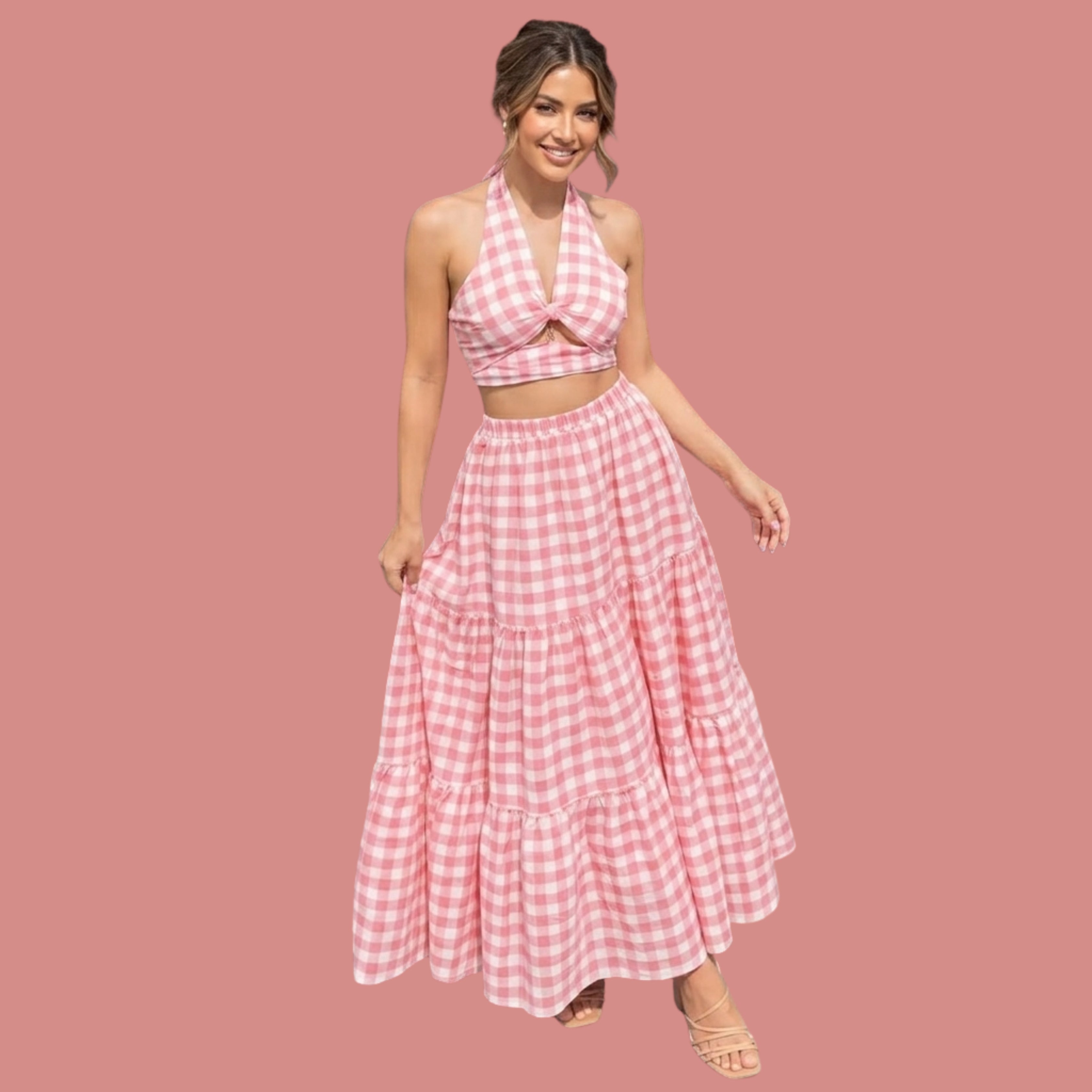 Korean Style Pink Gingham Tiered Maxi Skirt for Women | High Waist Flowy Checkered Long Skirt