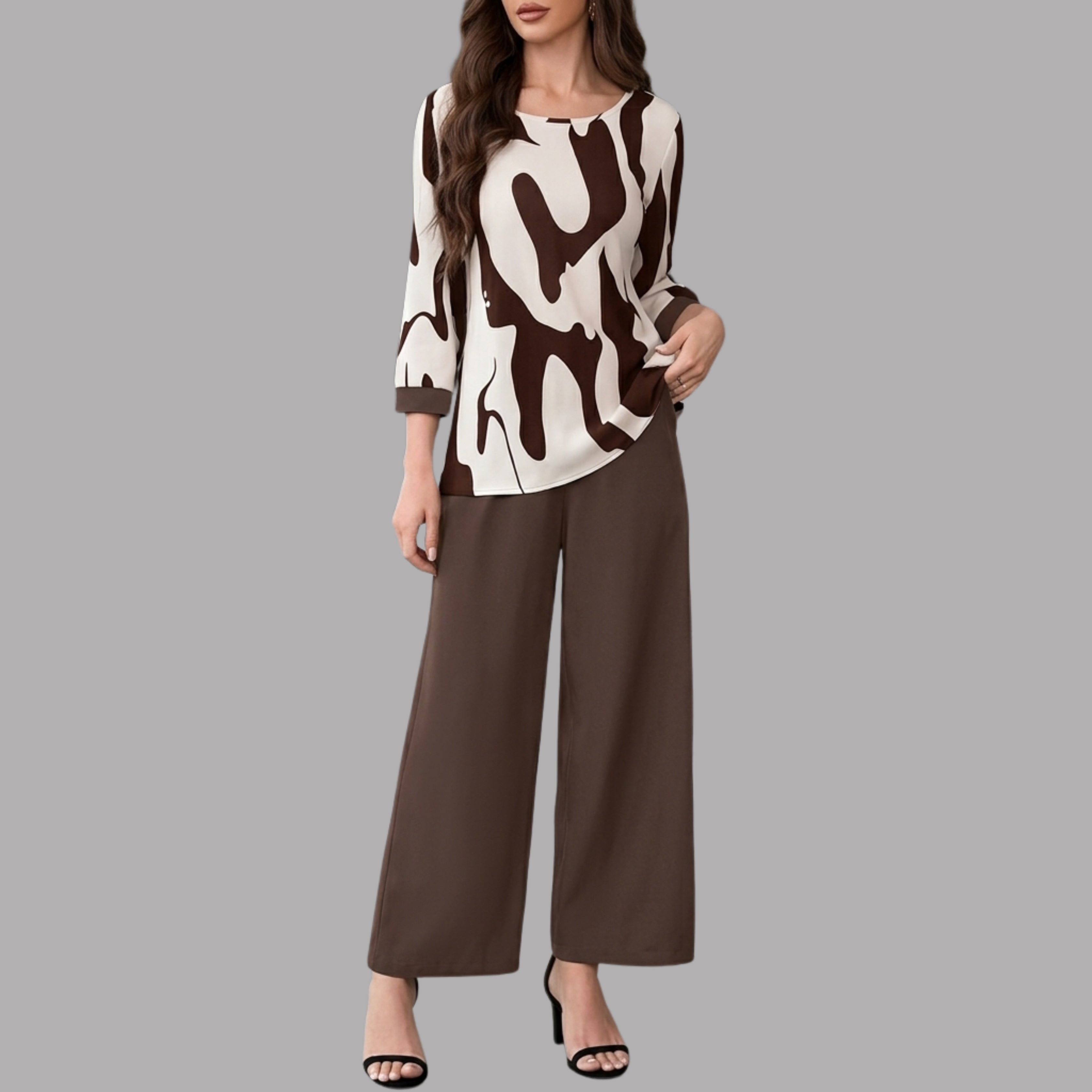 Women's Brown Abstract Print Co-Ord Set | Round Neck Top & Wide Leg Pants