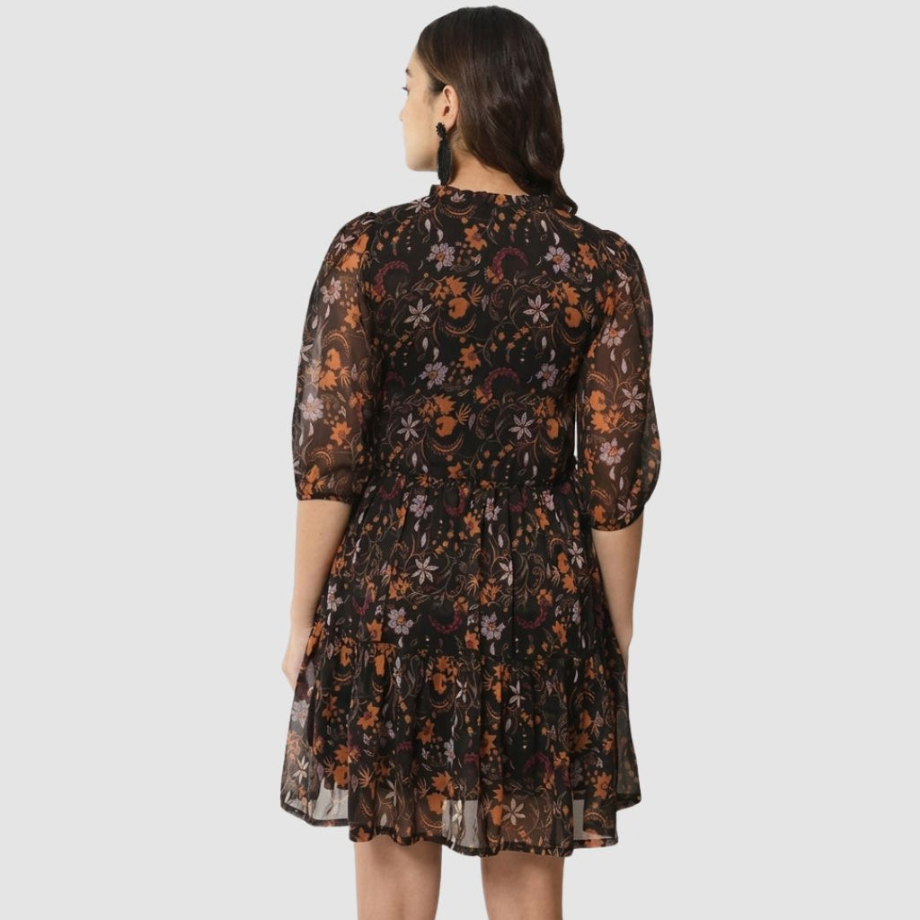 Black Printed Ruffle Hem Party Dress for Women