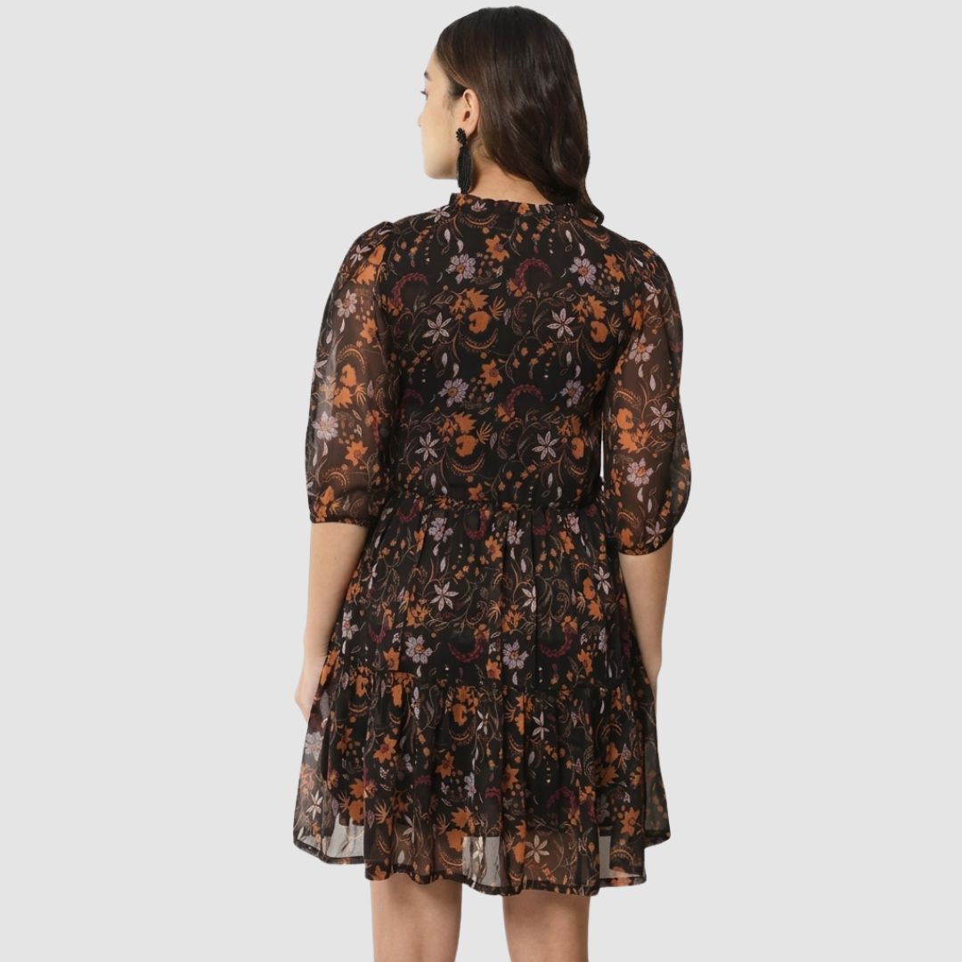 Black Printed Ruffle Hem Party Dress for Women