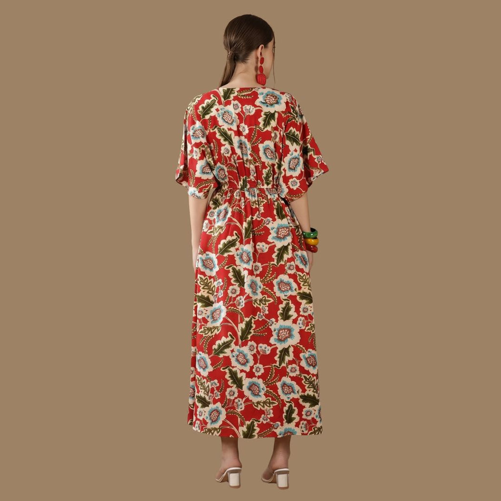 Red Floral Print V-Neck Maxi Dress