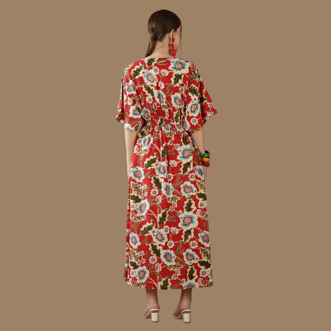 Red Floral Print V-Neck Maxi Dress