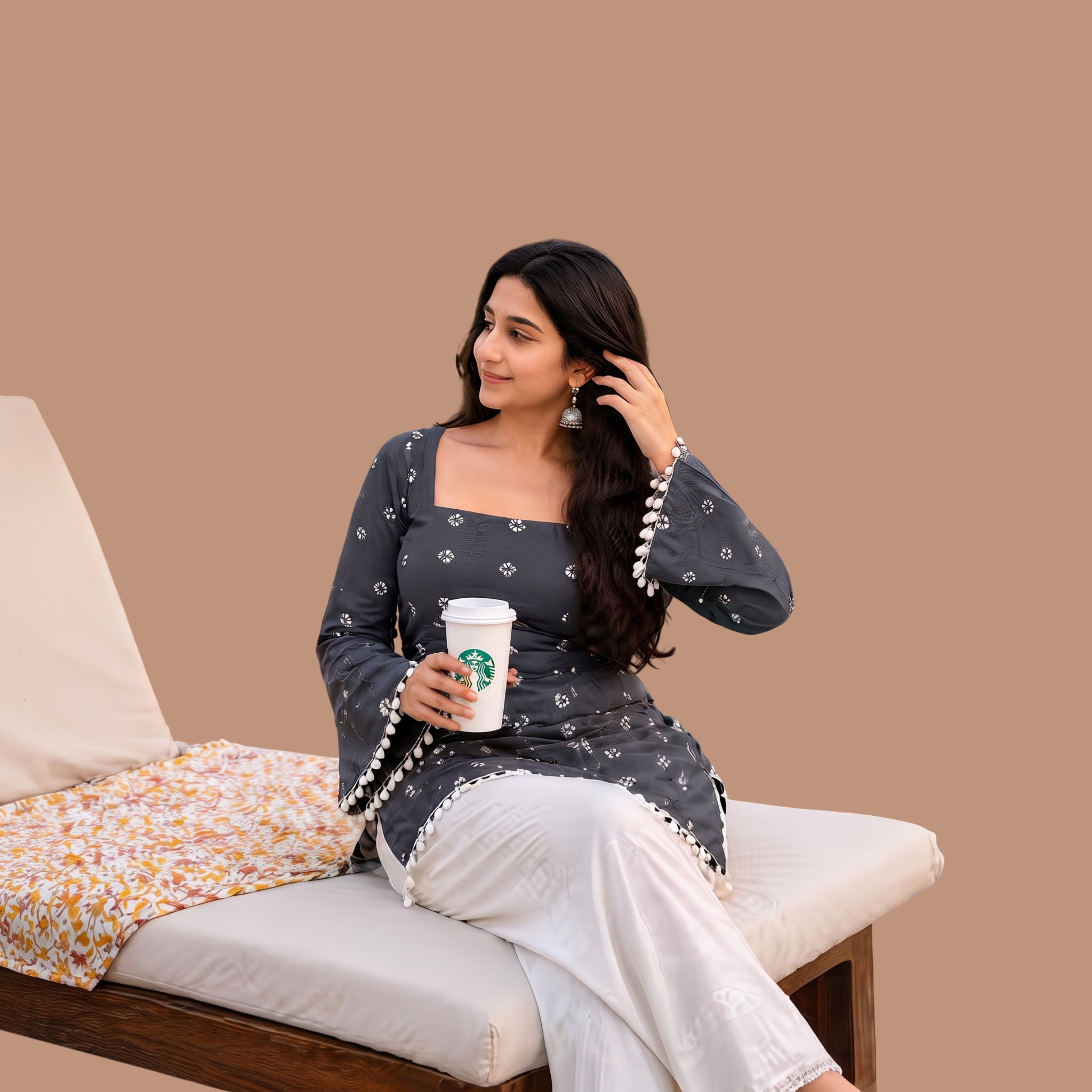 Women's Grey Printed Short Kurti with Back Tie-Up | Stylish Casual & Festive Wear