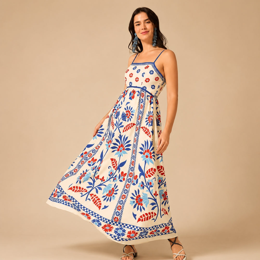 Blue & Red Floral Printed Cotton Maxi Dress