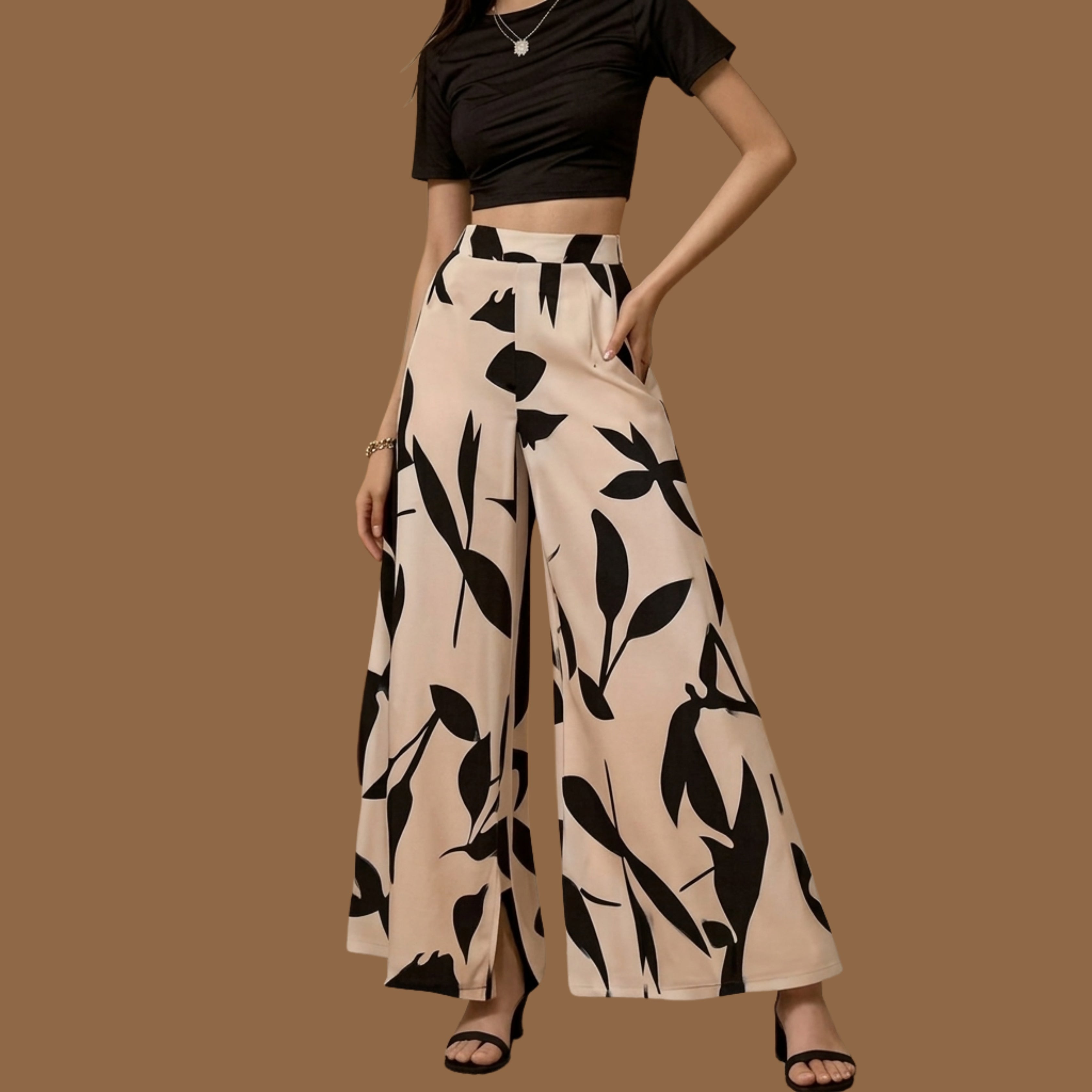 Women's Black Crop Top & Beige Floral Wide-Leg Co-Ord Set | Printed Two-Piece Outfit