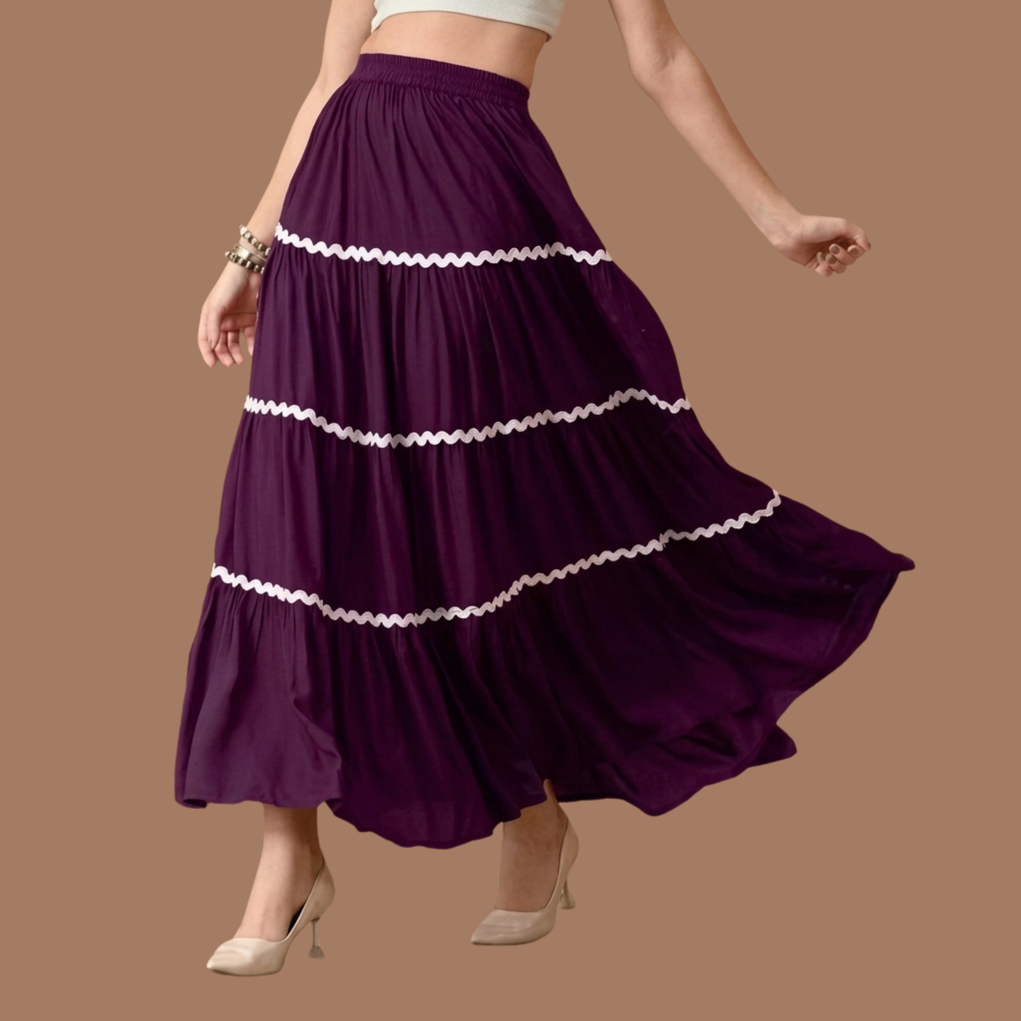 Korean High Waist Tiered Maxi Skirt for Women | Flowy A-Line Long Skirt with Elastic Waist