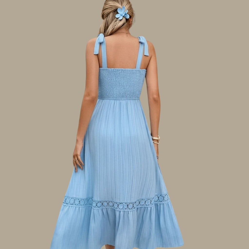 Casual Summer Midi Dress for Women – Smocked Top & Lace Detail