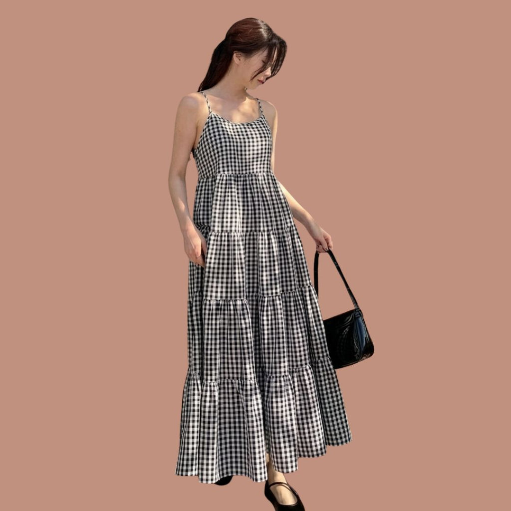 Black & White Gingham Tiered Maxi Dress for Women | Sleeveless Summer Casual Dress