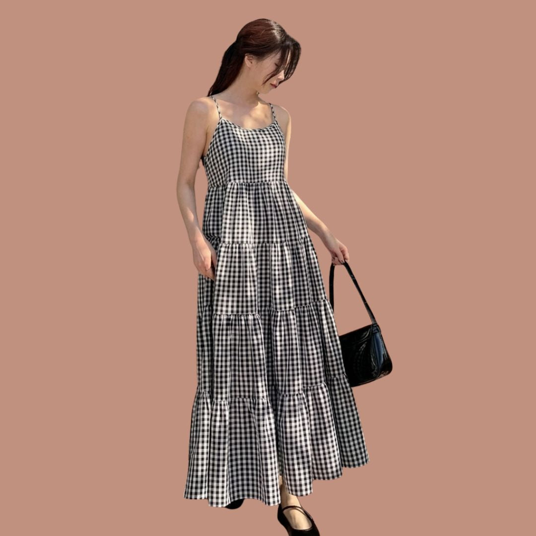 Black & White Gingham Tiered Maxi Dress for Women | Sleeveless Summer Casual Dress
