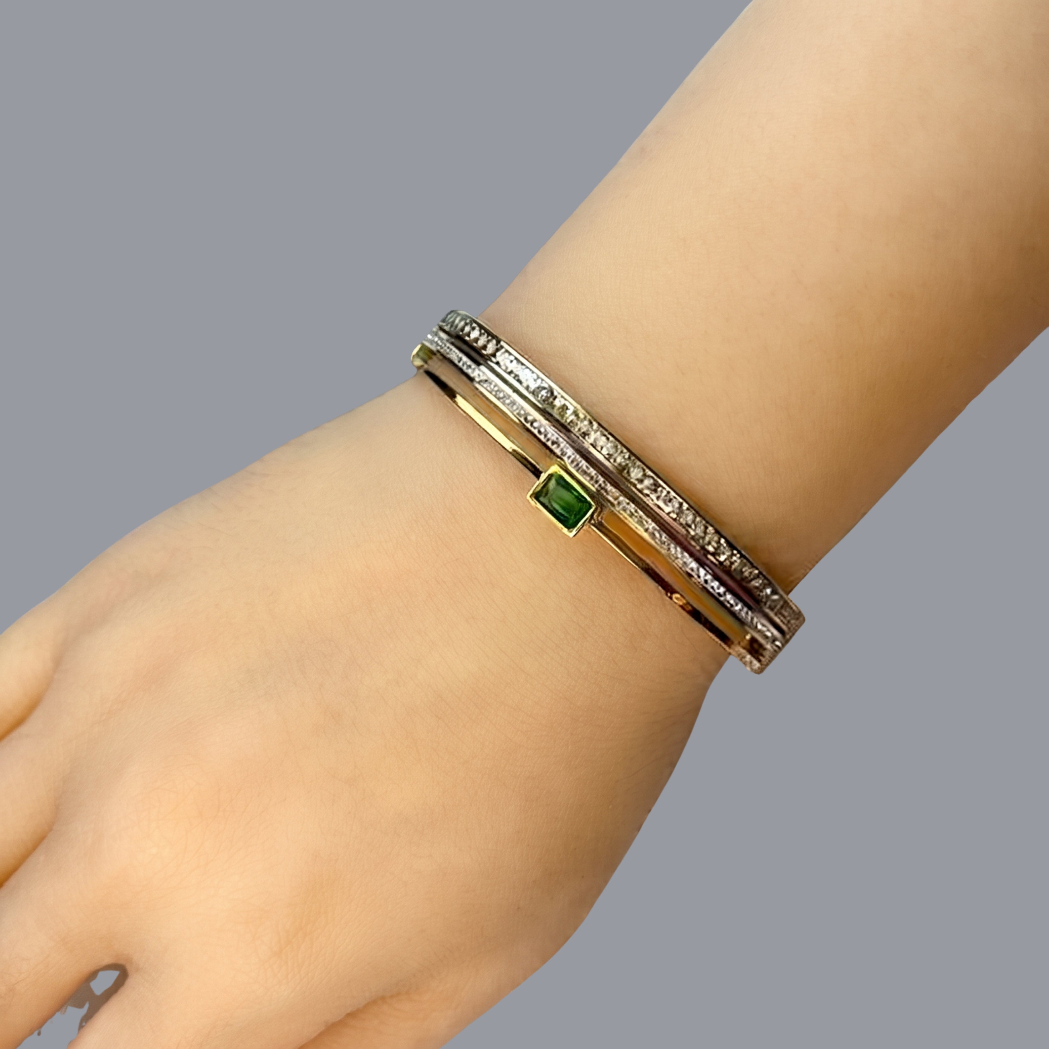 Emerald Green Stone Gold Bangle Bracelet for Women | Adjustable Anti-Tarnish Crystal Cuff