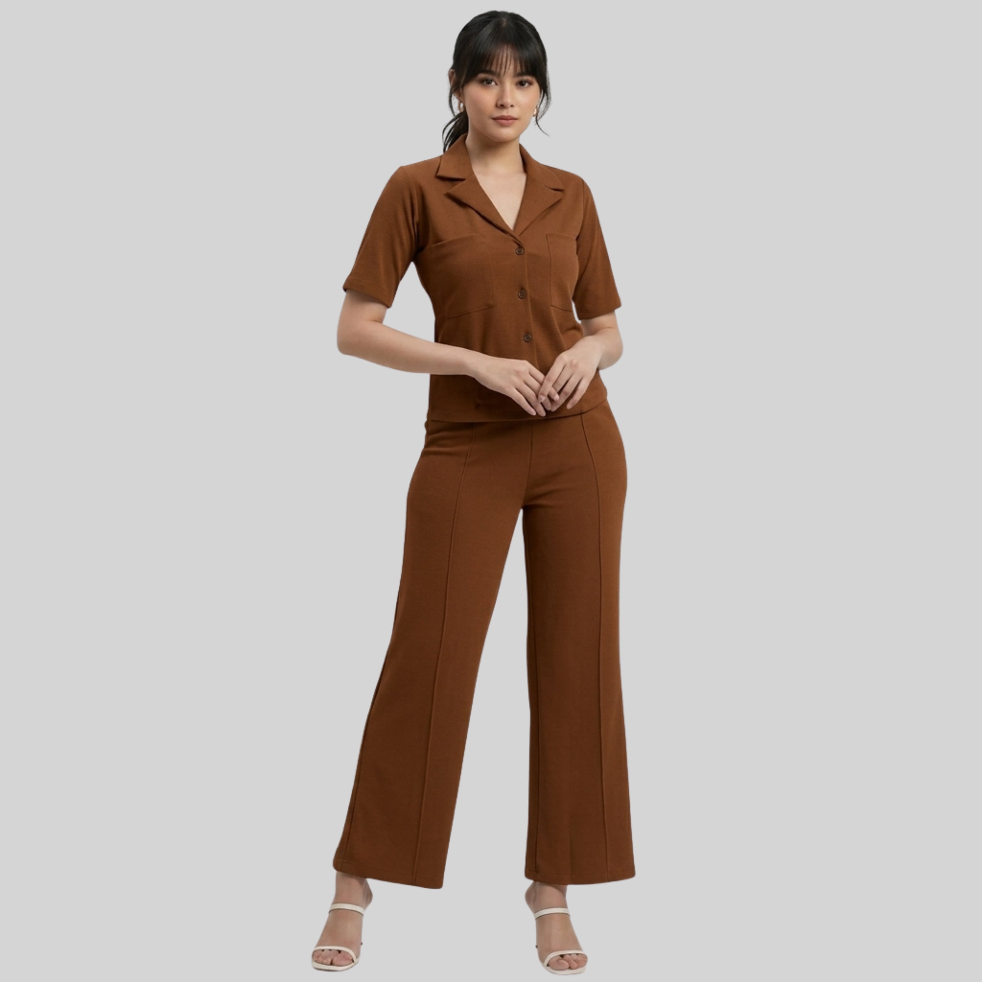 Women's Chocolate Brown Co-Ord Set | Button-Up Top & Wide Leg Pants |
