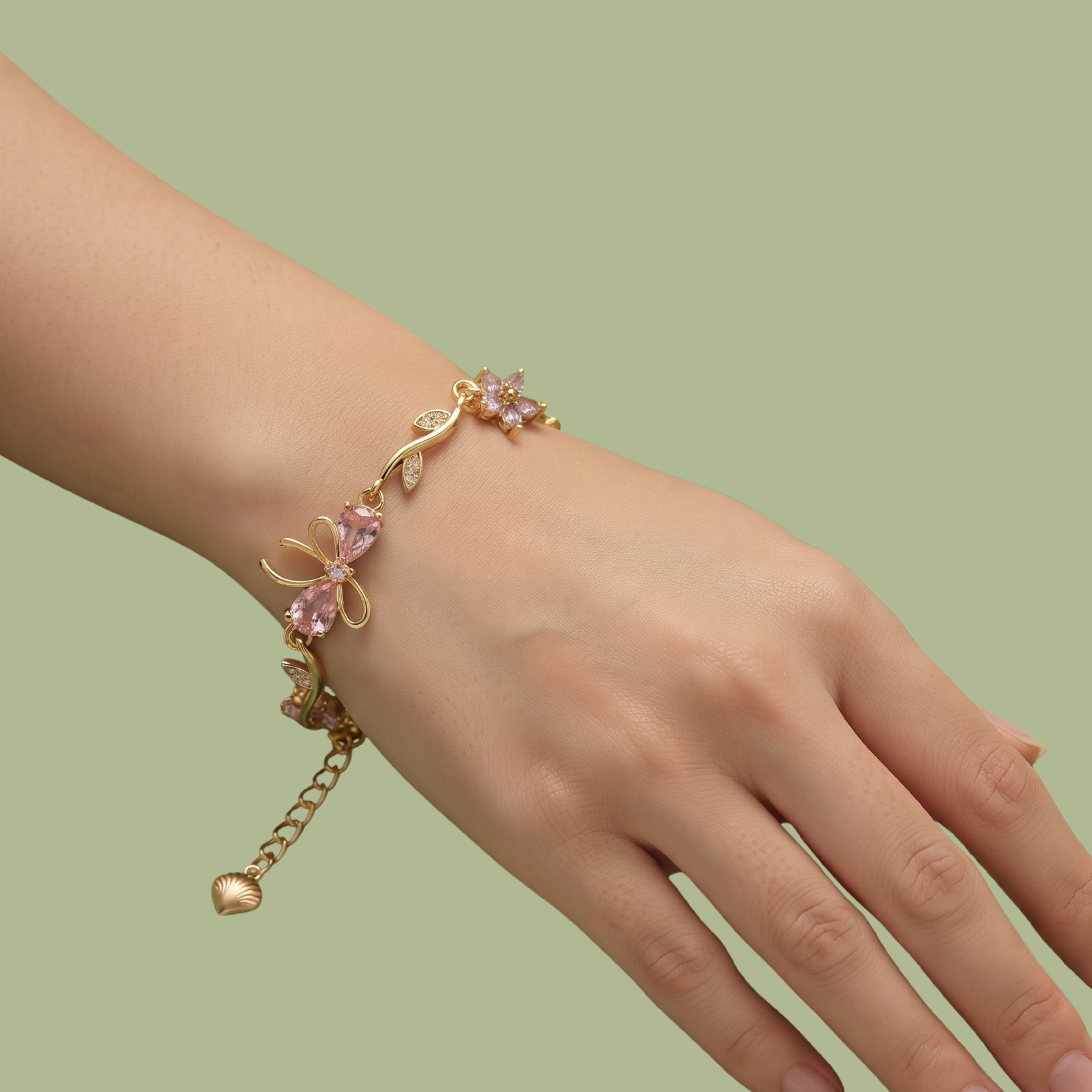 Pink Bow & Floral Bracelet for Women | Adjustable Anti-Tarnish Gold Bracelet