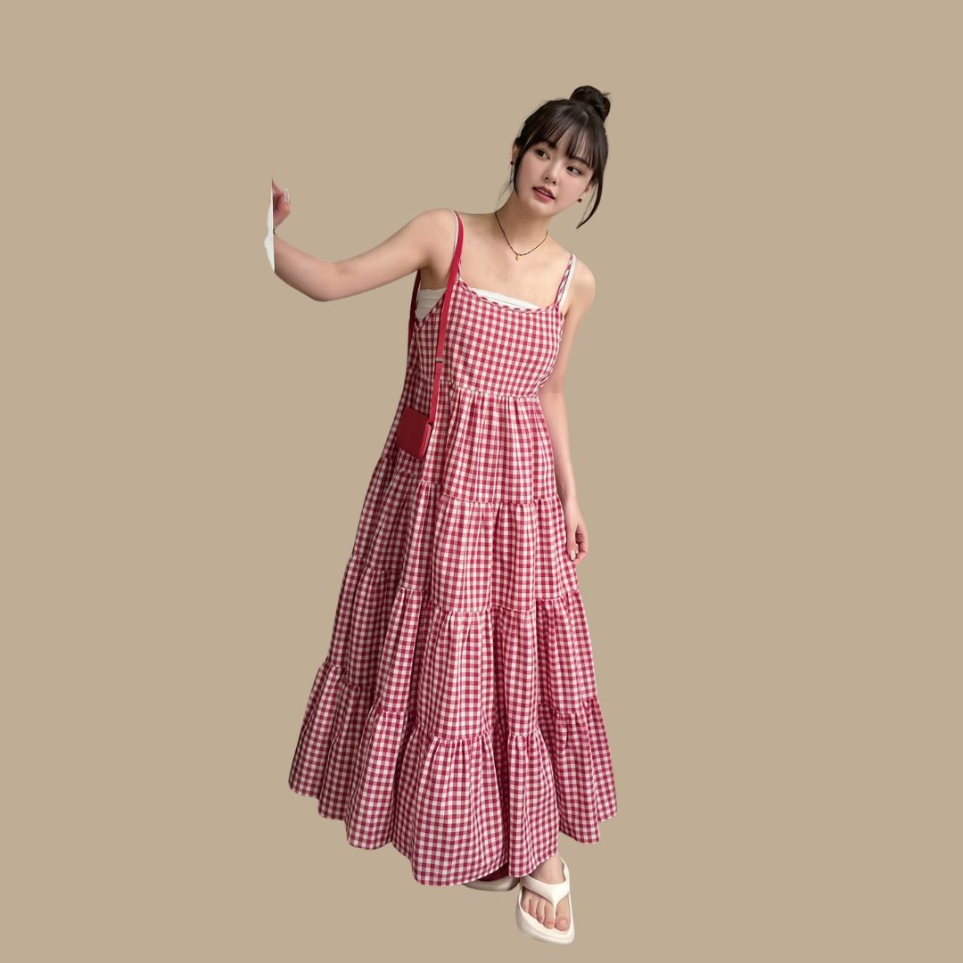 Flowy Tiered Cotton Checkered Maxi Dress