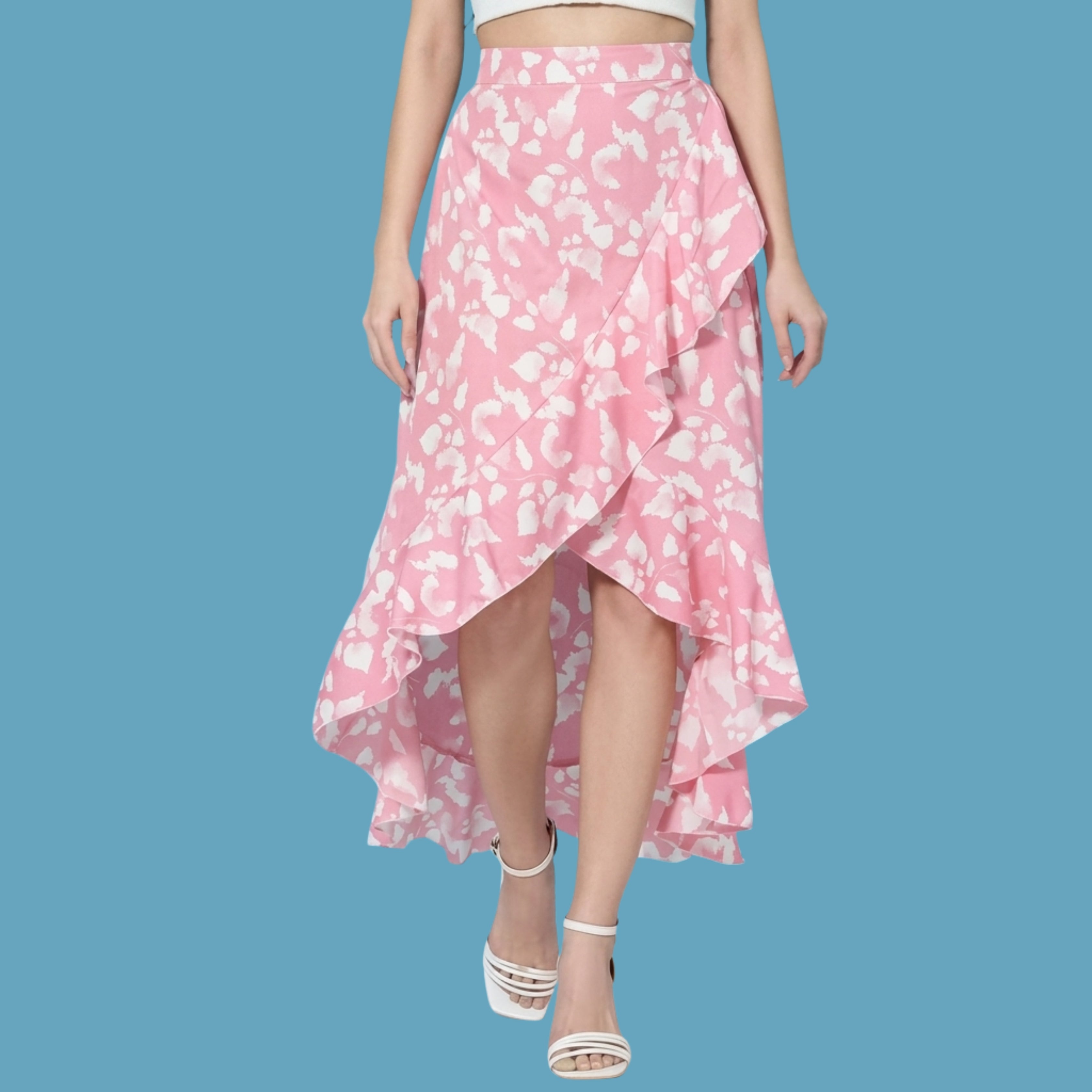Korean Style Floral High-Low Wrap Maxi Skirt for Women | Pink Ruffle Long Skirt