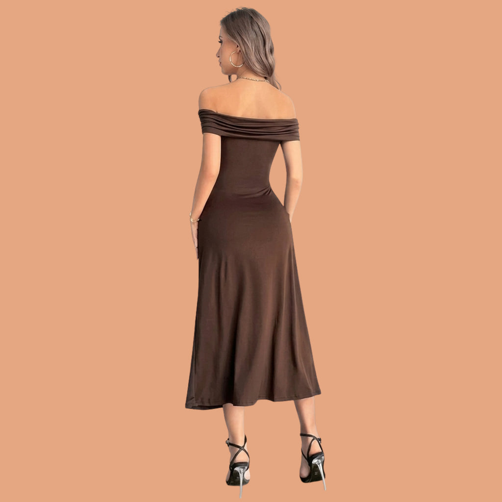 Brown Off-Shoulder Ruched Bodycon Midi Dress for Women