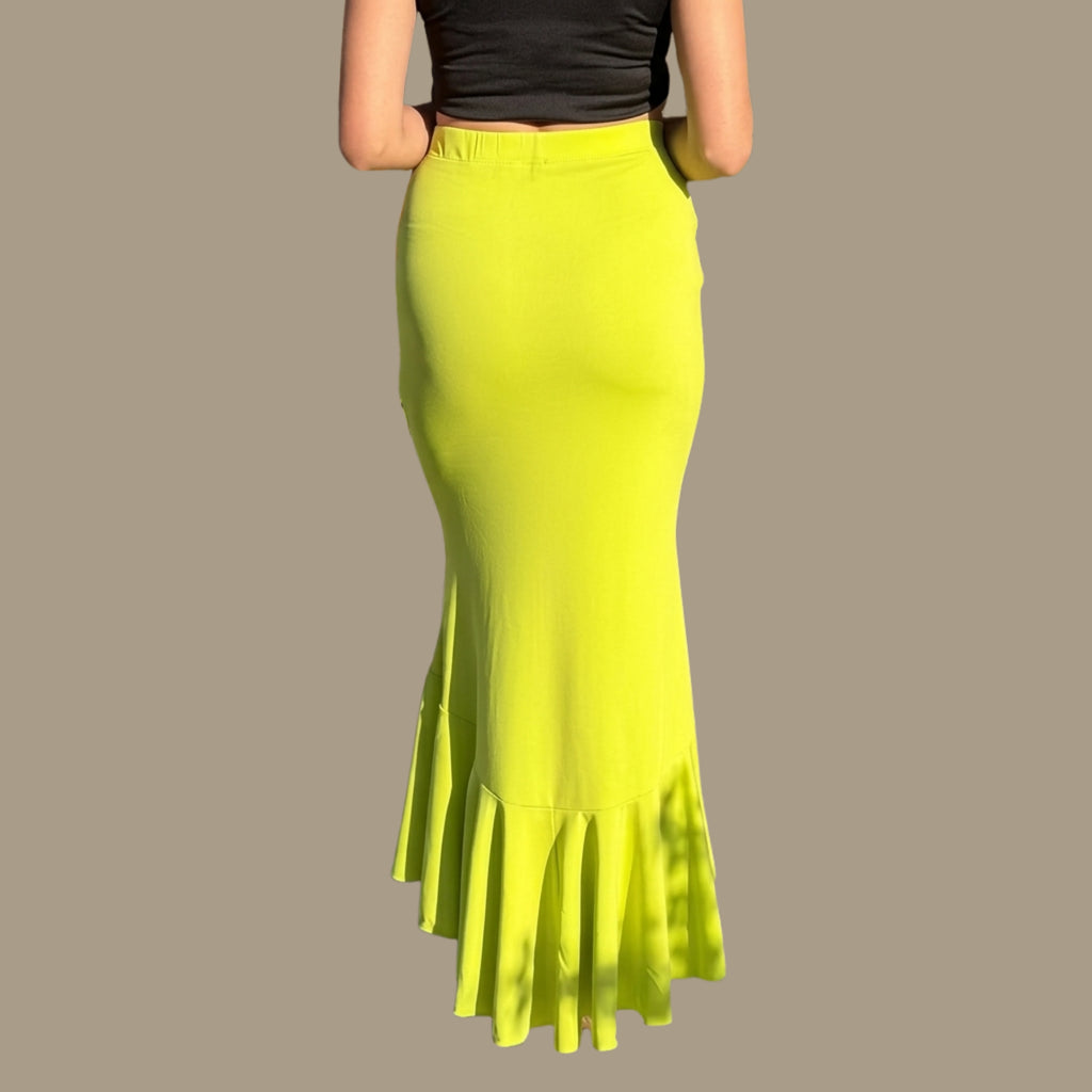Korean Inspired Neon Green Ruched Mermaid Maxi Skirt for Women |