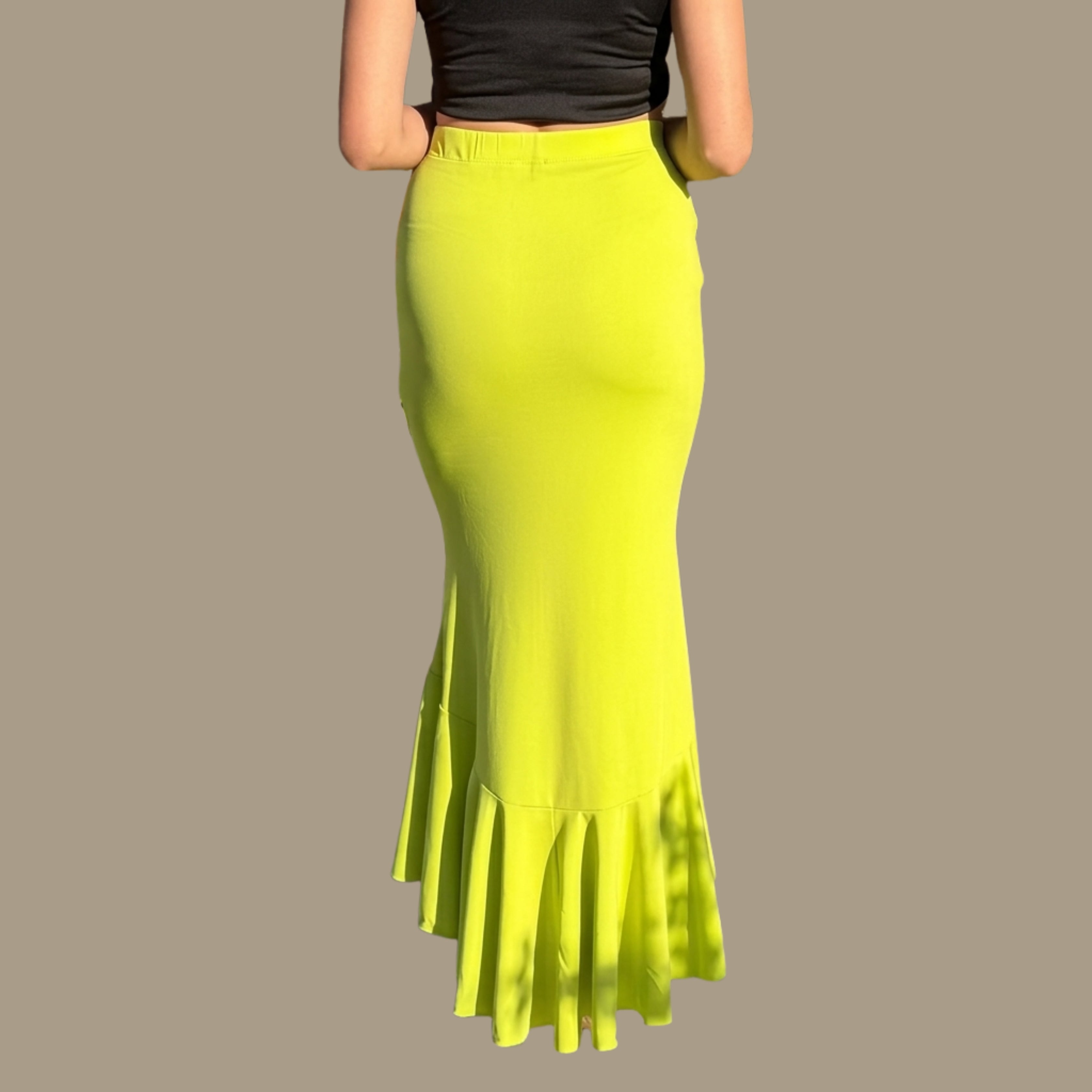 Korean Inspired Neon Green Ruched Mermaid Maxi Skirt for Women |