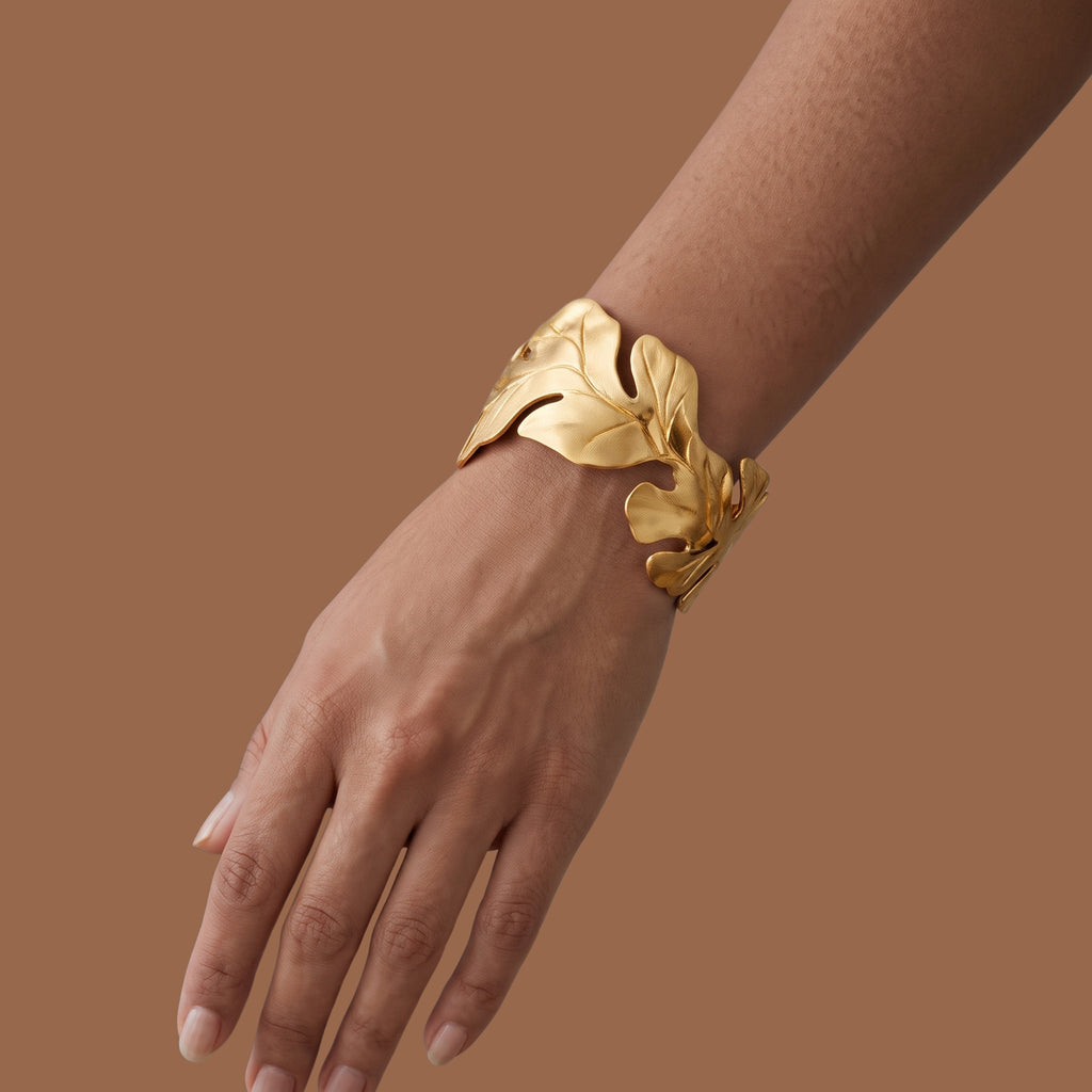 Gold Leaf Adjustable Cuff Bracelet for Women | Anti-Tarnish Botanical Statement Bracelet |