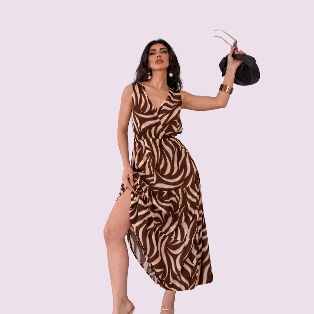 Brown Abstract Print Tiered Maxi Dress