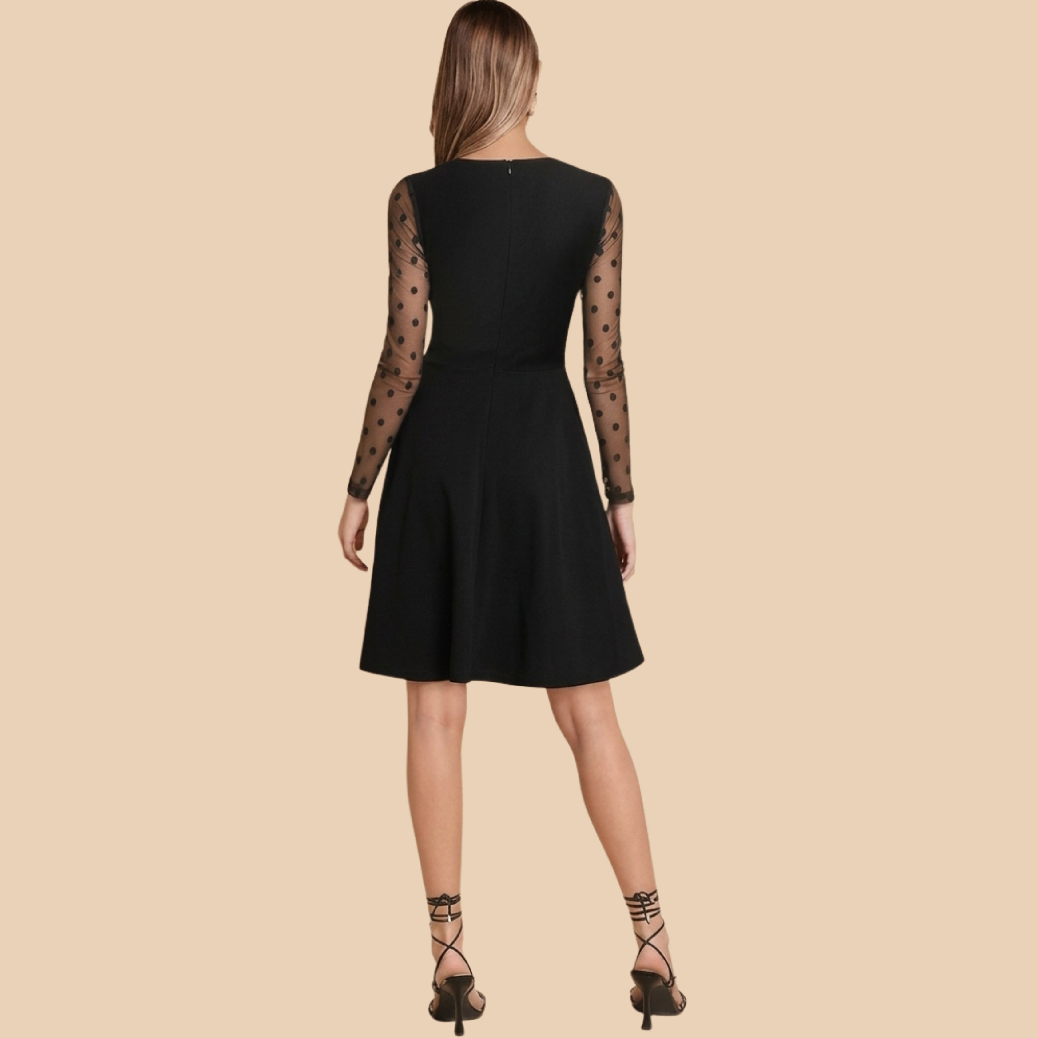 Women’s Black Polka Dot Mesh Sleeve Fit & Flare Cocktail Dress | Elegant Party Dress