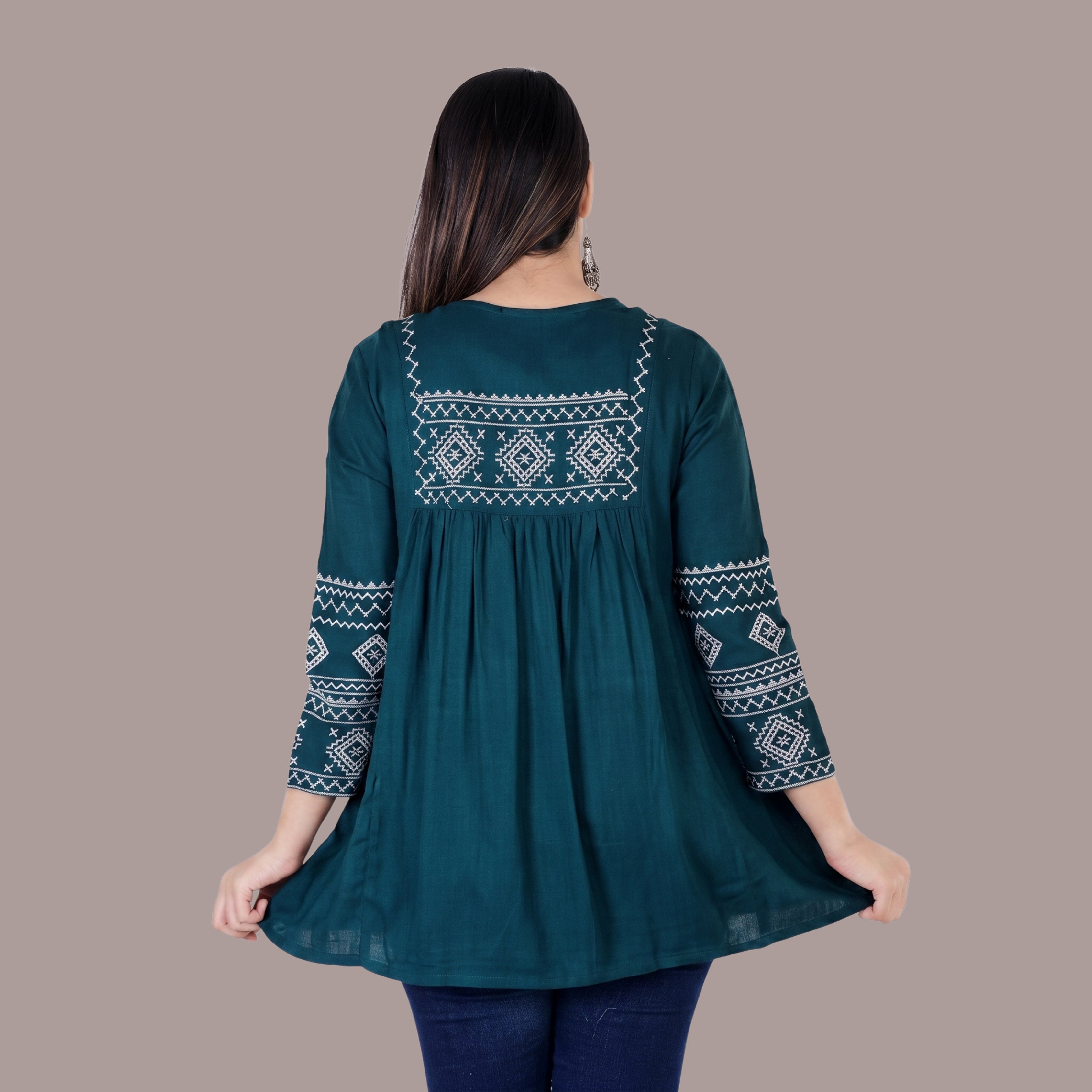 Women's Teal Blue Embroidered Short Kurti | Casual & Office Wear