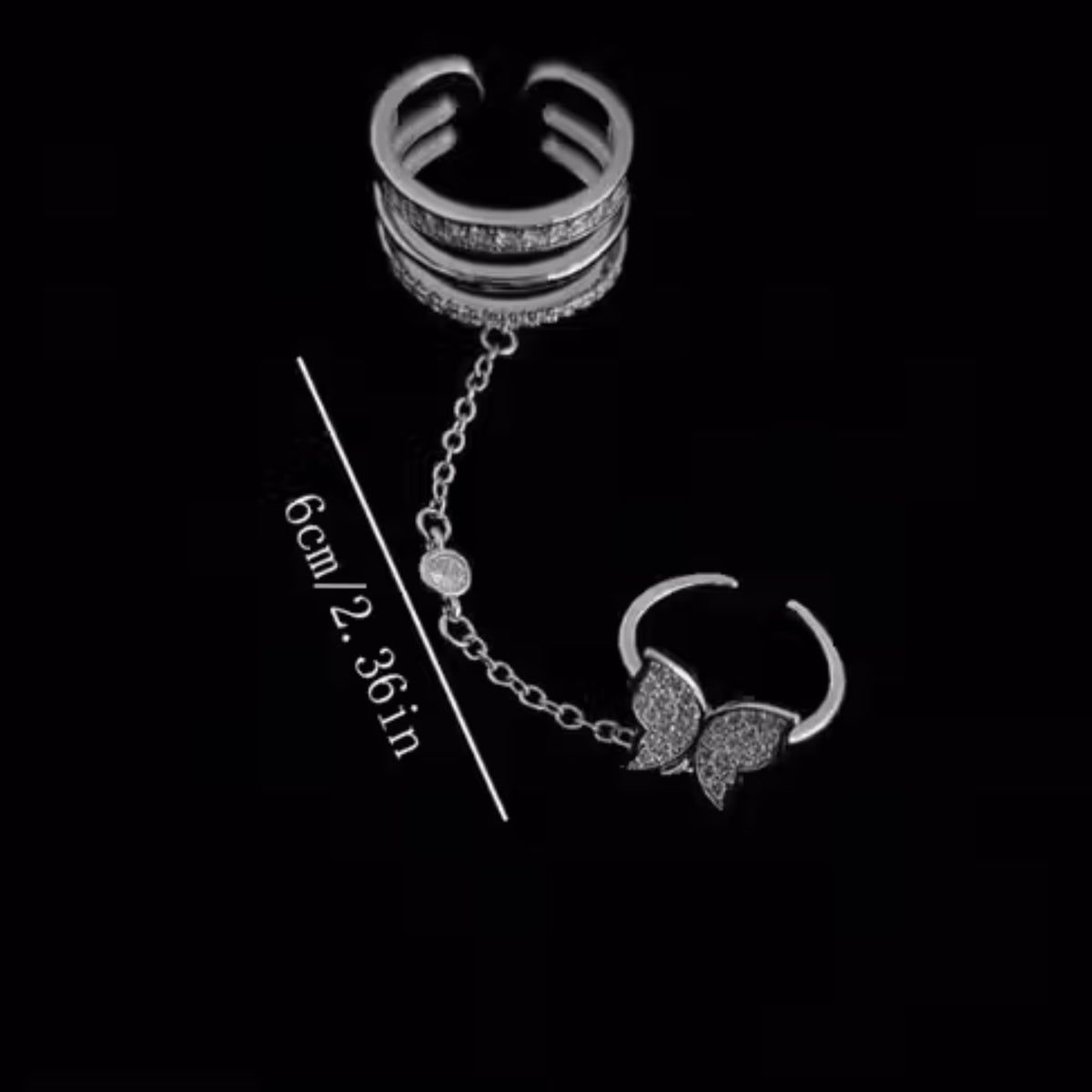 Butterfly Chain Adjustable Ring for Women | Anti-Tarnish Silver Crystal Ring