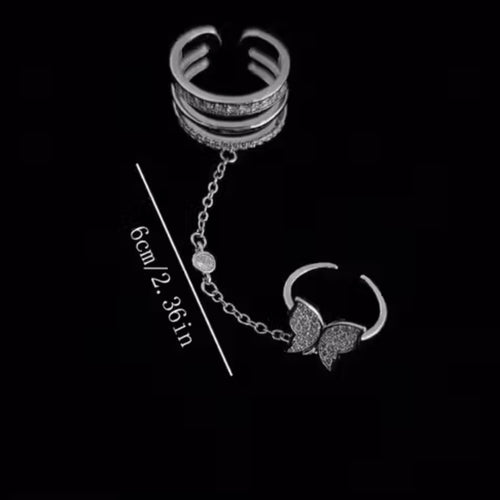Butterfly Chain Adjustable Ring for Women | Anti-Tarnish Silver Crystal Ring