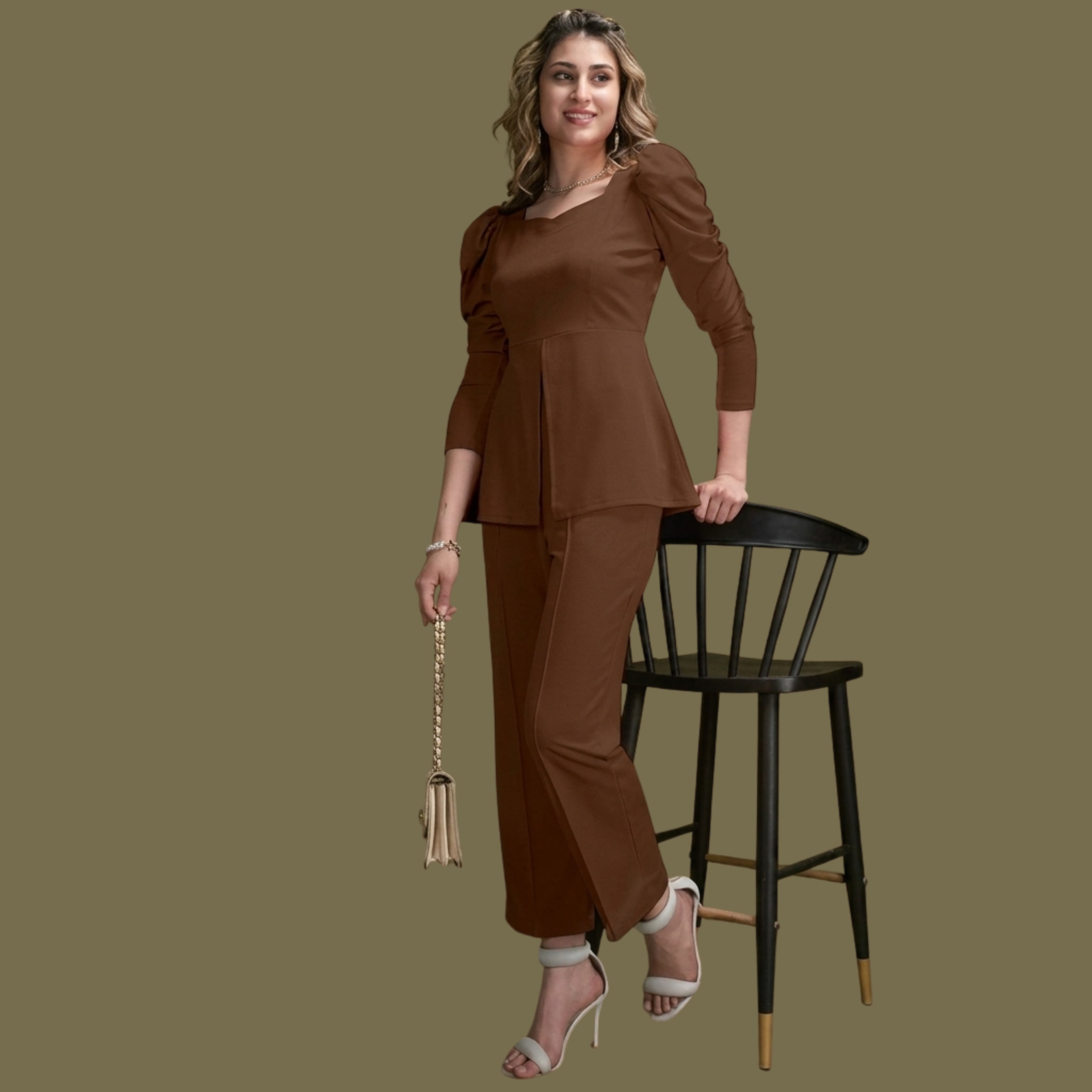 Women's Brown Puff Sleeve Peplum Co-Ord Set | Elegant Two-Piece Pants Top Set