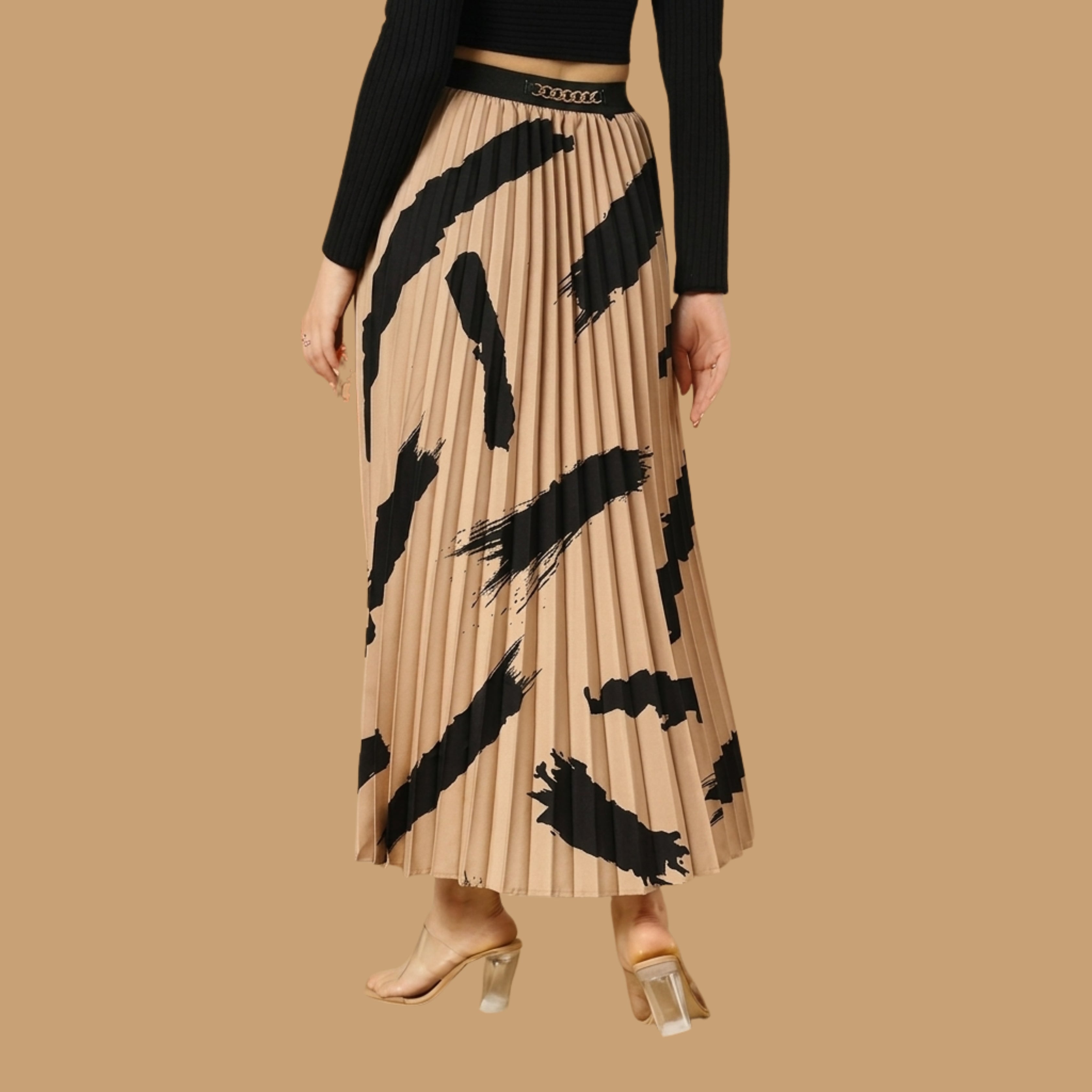 Korean Style Abstract Print Pleated Maxi Skirt for Women | High Waist Elegant Long Skirt