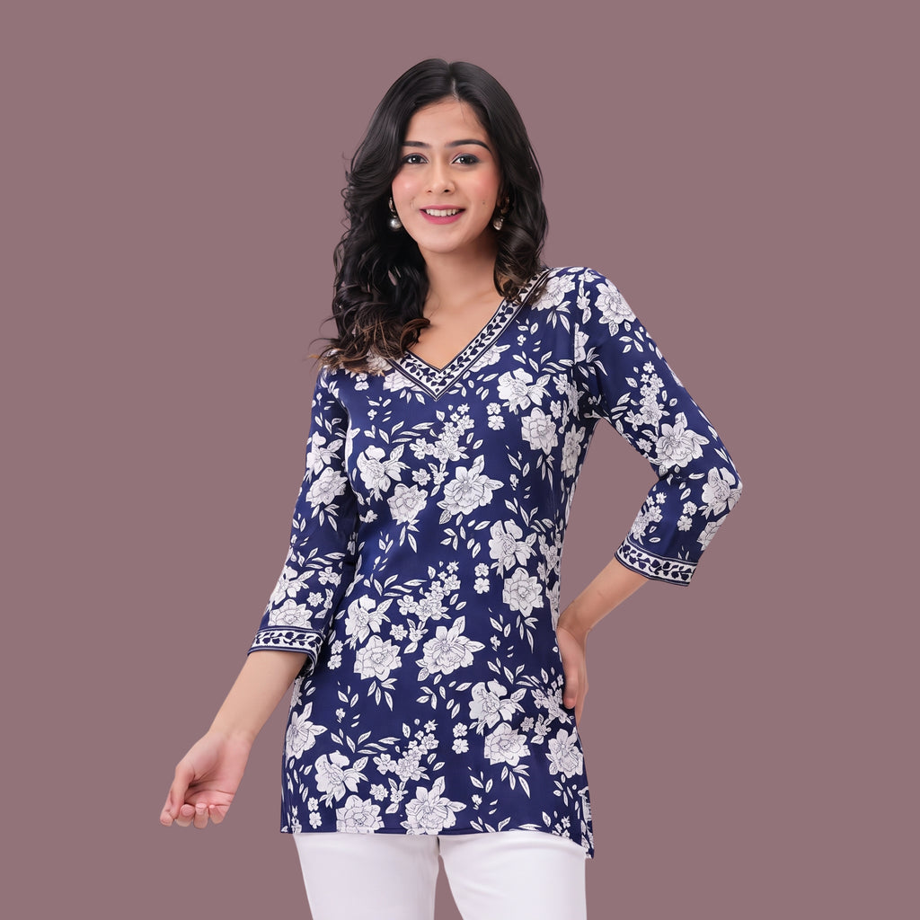 Women's Blue Floral Printed Short Kurti | Straight Fit V-Neck Ethnic Tunic with 3/4 Sleeves | Casual & Office Wear