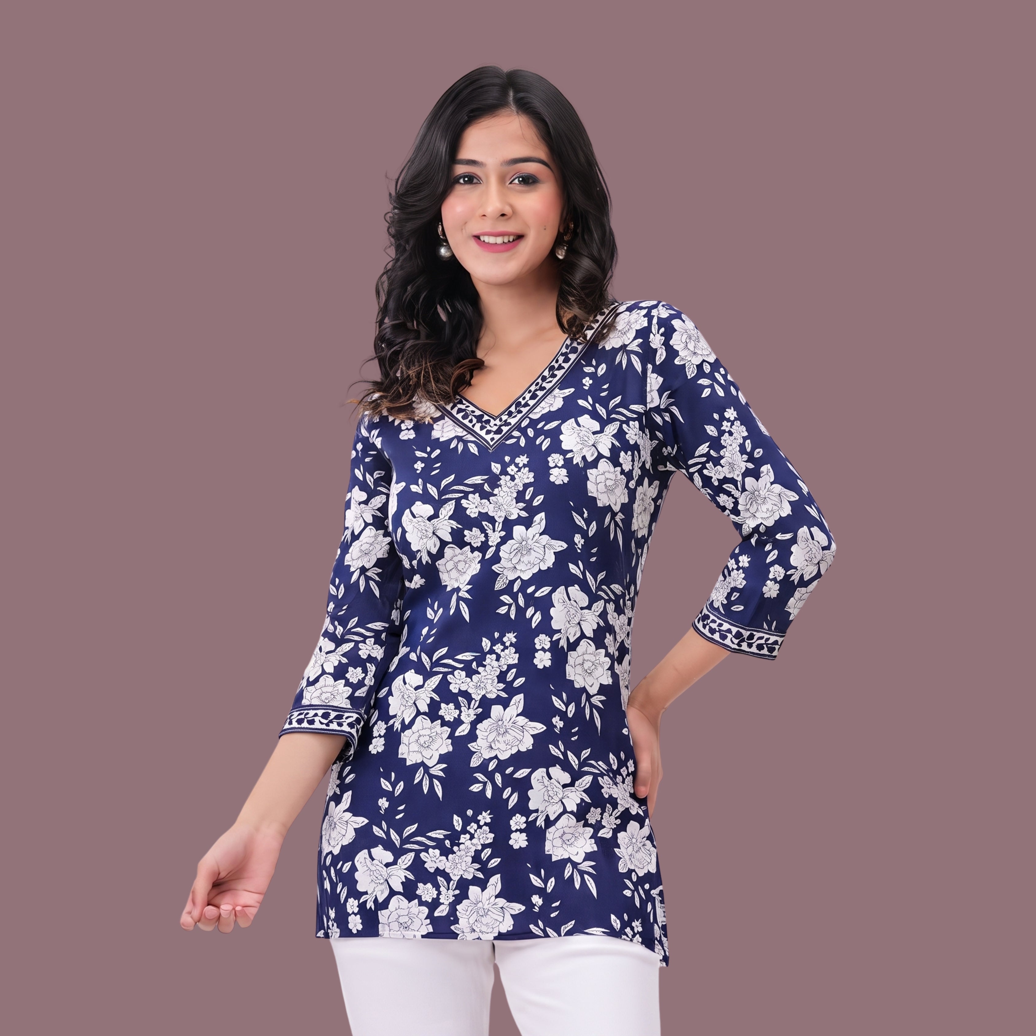 Women's Blue Floral Printed Short Kurti | Straight Fit V-Neck Ethnic Tunic with 3/4 Sleeves | Casual & Office Wear