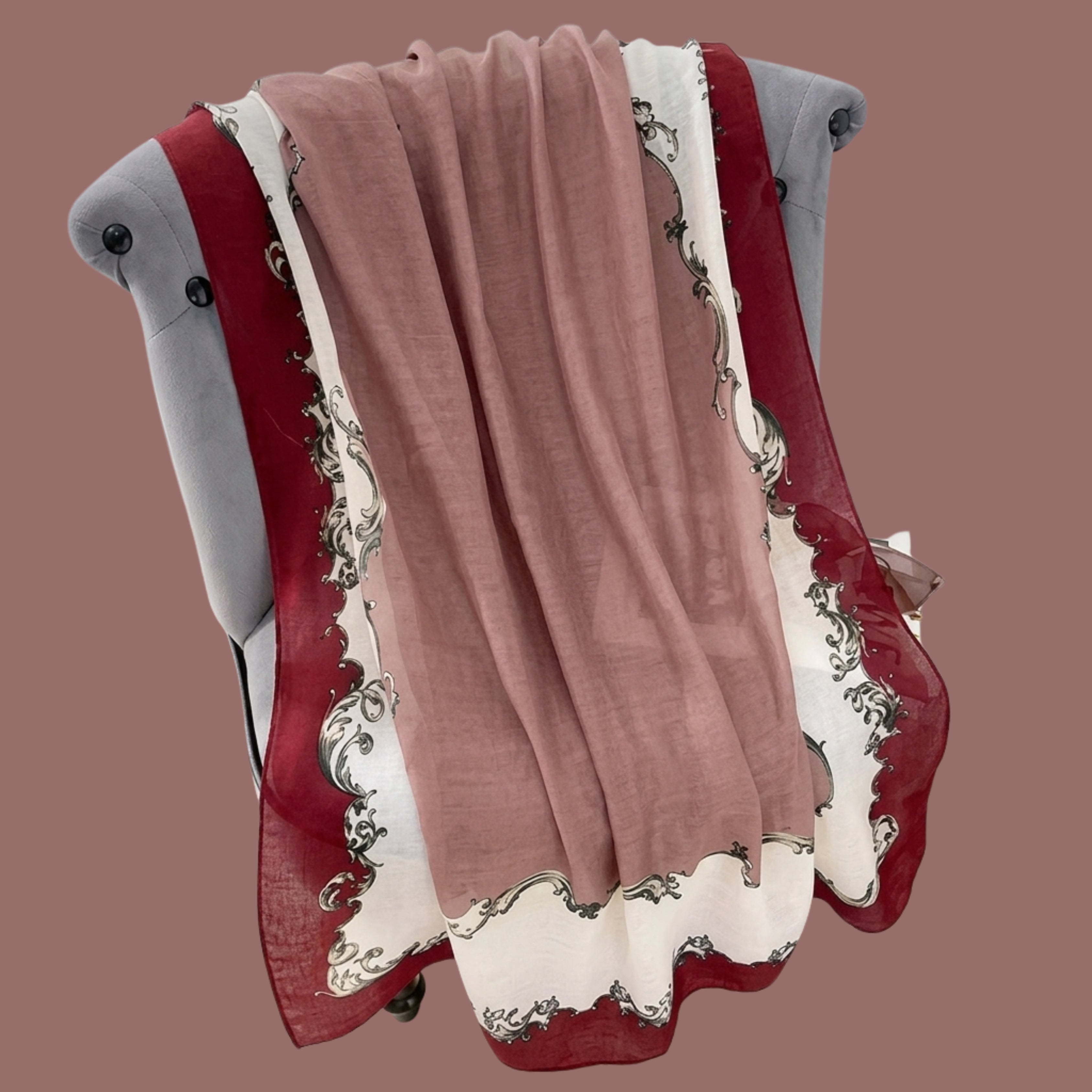Elegant Dusty Rose & Burgundy Border Women's Scarf | Soft Lightweight Vintage Print Korean Style Shawl & Wrap