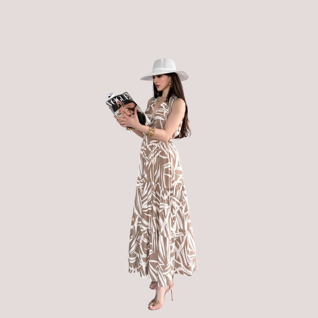 Women's Beige Tropical Leaf Print Sleeveless Maxi Dress