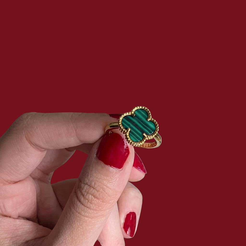 Adjustable Green Clover Ring for Women | Anti-Tarnish Gold-Tone Statement Ring