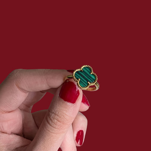 Adjustable Green Clover Ring for Women | Anti-Tarnish Gold-Tone Statement Ring