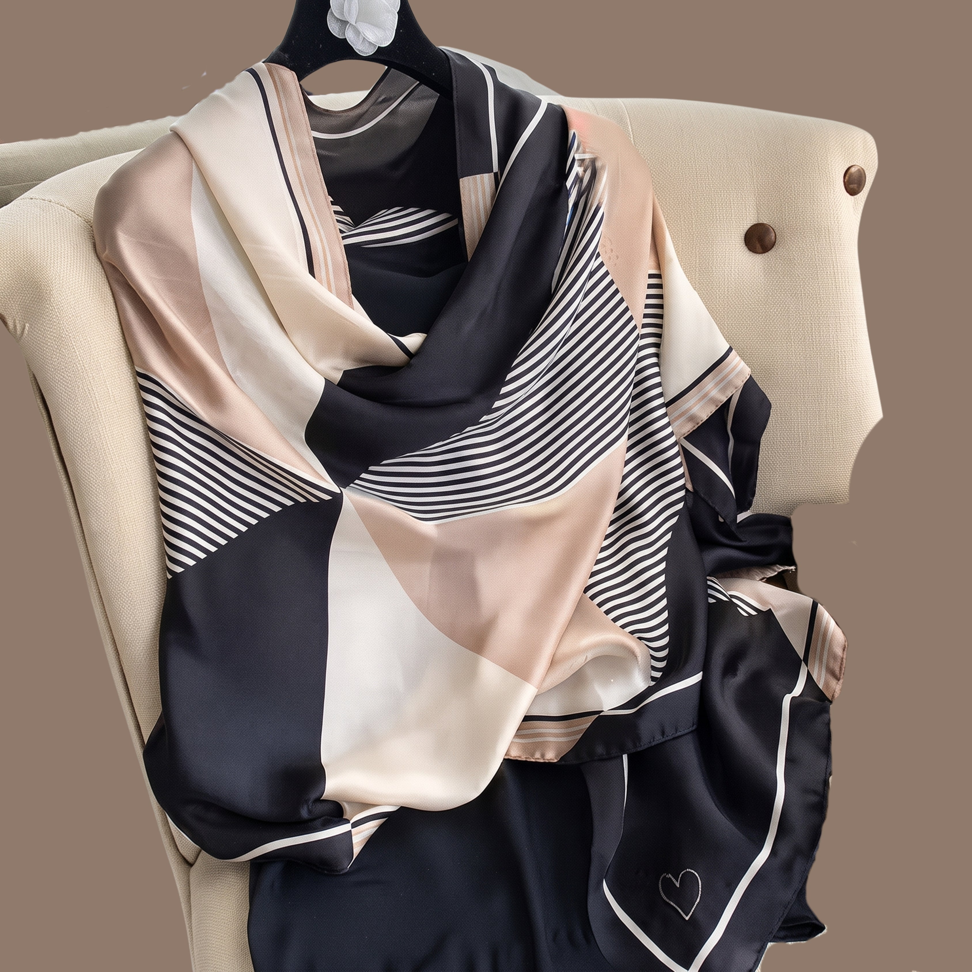 Black & Beige Geometric Satin Scarf for Women | Soft Striped Square Neck Scarf, Shawl & Wrap