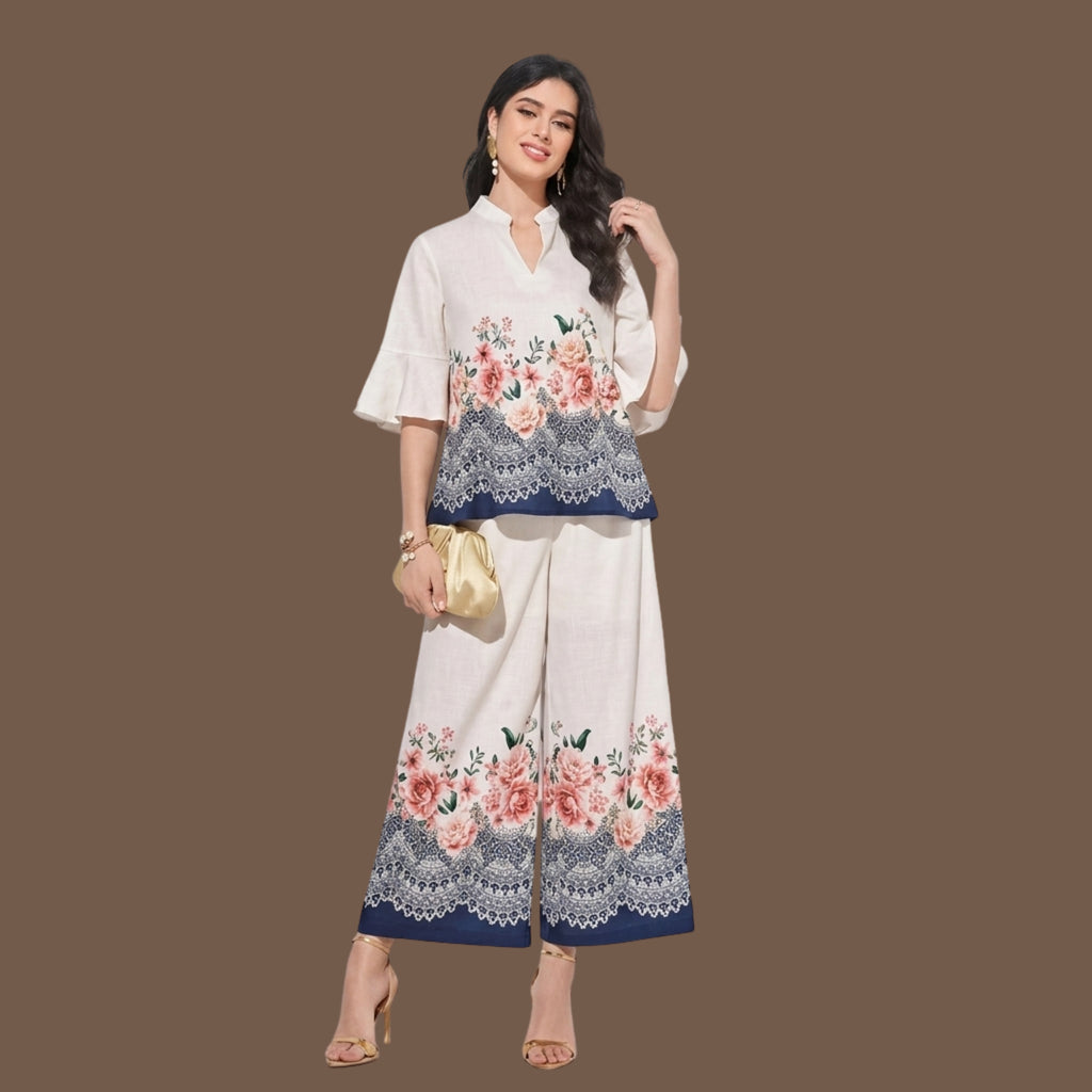 Women's Floral Printed Co-Ord Set | Cream Bell Sleeve Top & Wide Leg Palazzo Pants