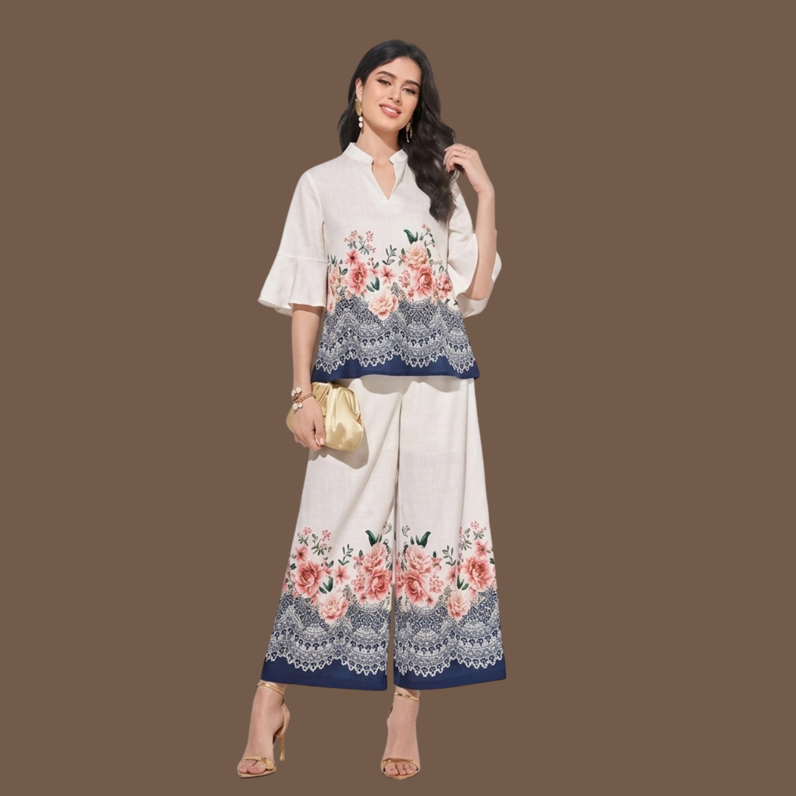 Women's Floral Printed Co-Ord Set | Cream Bell Sleeve Top & Wide Leg Palazzo Pants