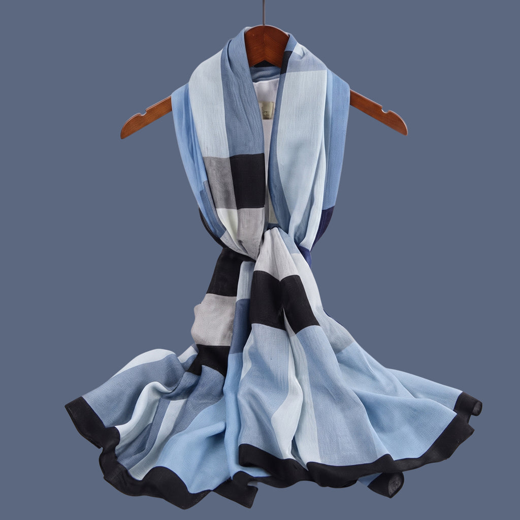 Elegant Sky Blue Checkered Soft Scarf for Women | Lightweight Plaid Shawl, Wrap & Stole