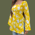 Women's Yellow Floral Printed Short Kurti | Square Neck Bell Sleeve Ethnic Top with Back Tie-Up
