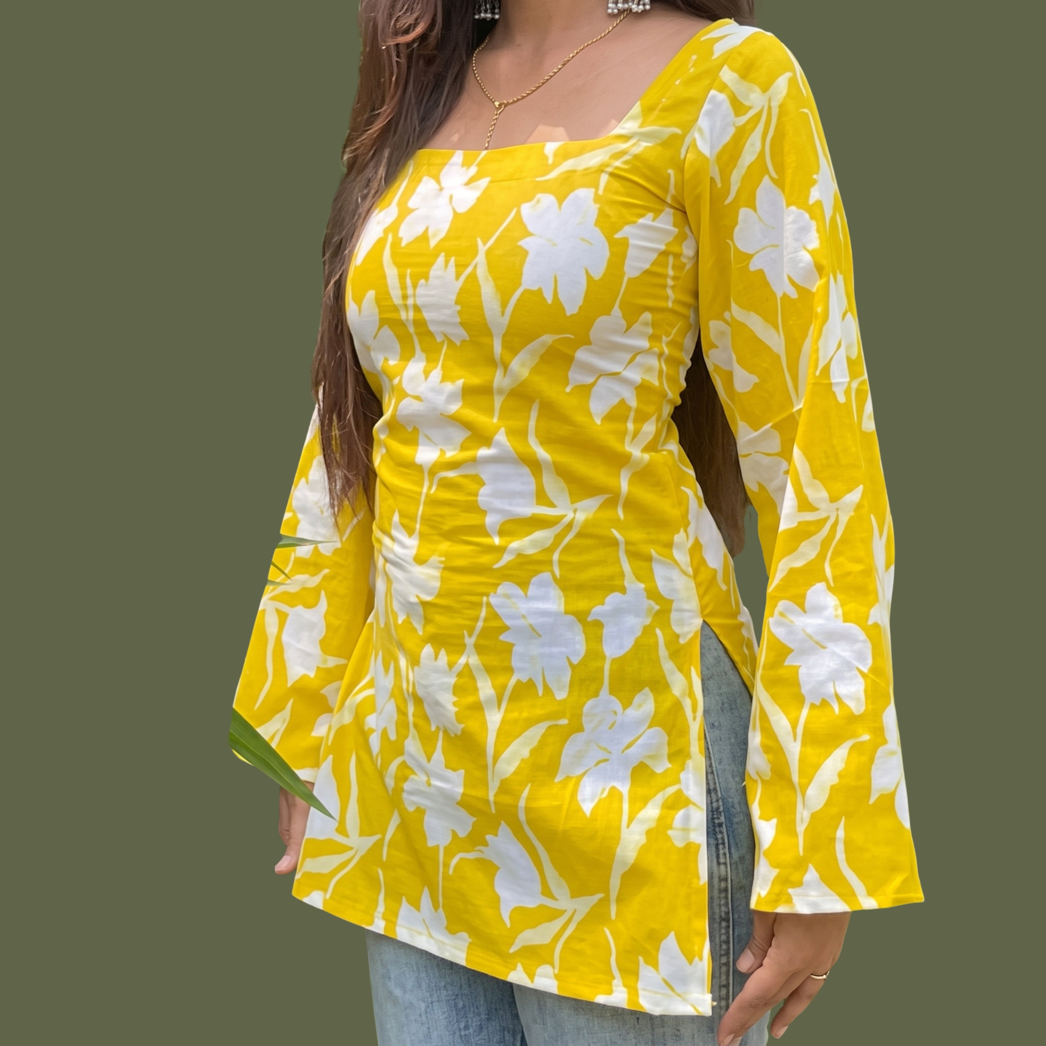 Women's Yellow Floral Printed Short Kurti | Square Neck Bell Sleeve Ethnic Top with Back Tie-Up