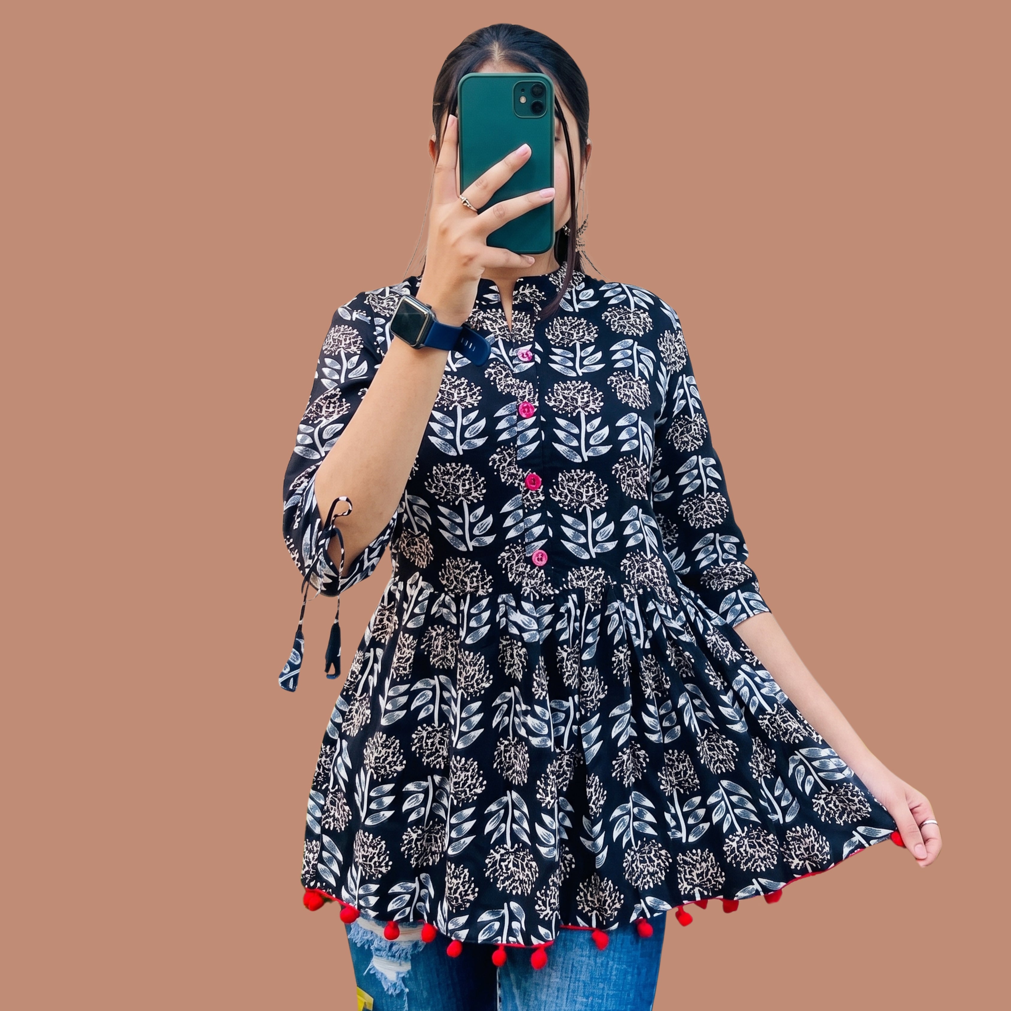 Women's Black Floral Printed Peplum Short Kurti