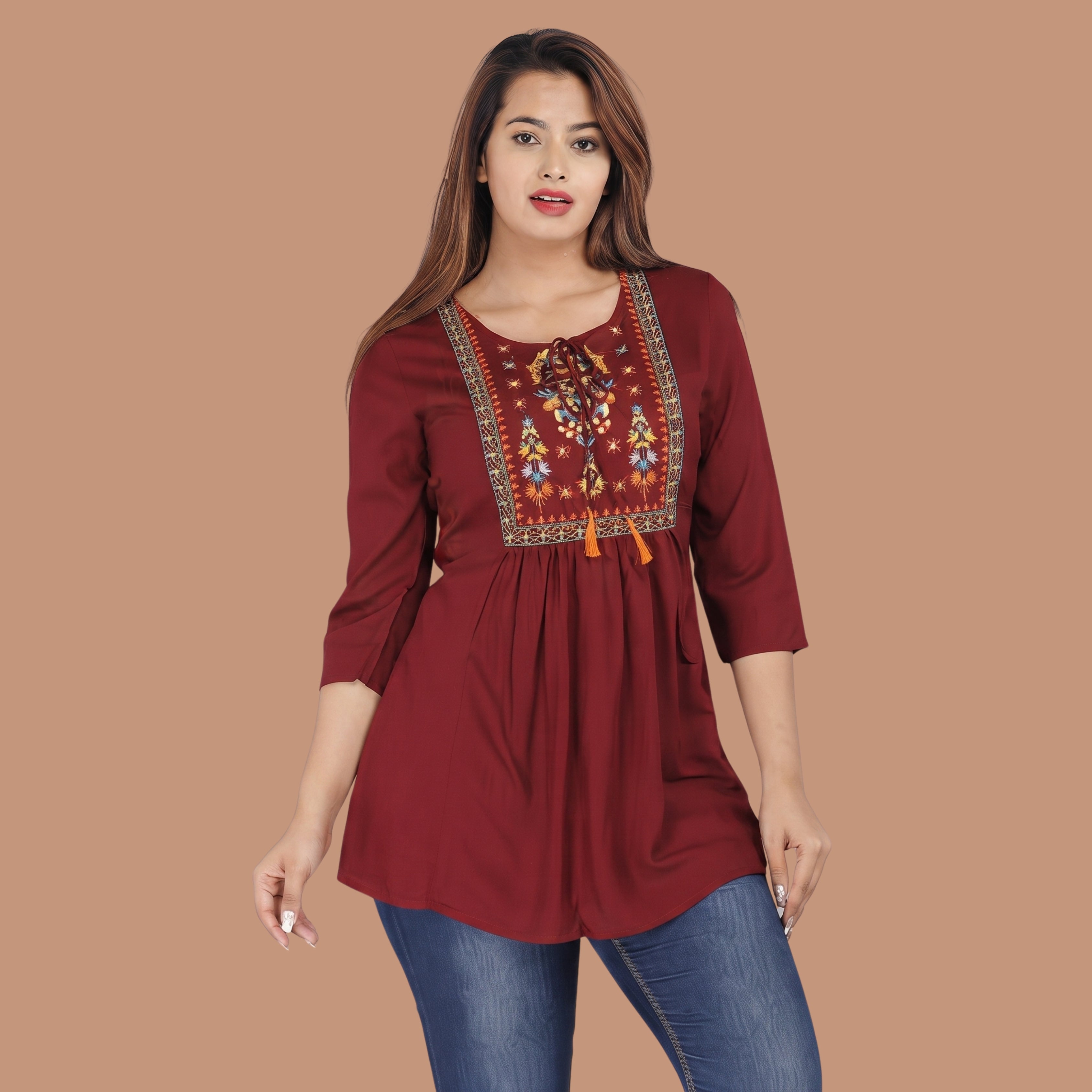 Women's Maroon Embroidered Short Kurti | Casual Ethnic Top