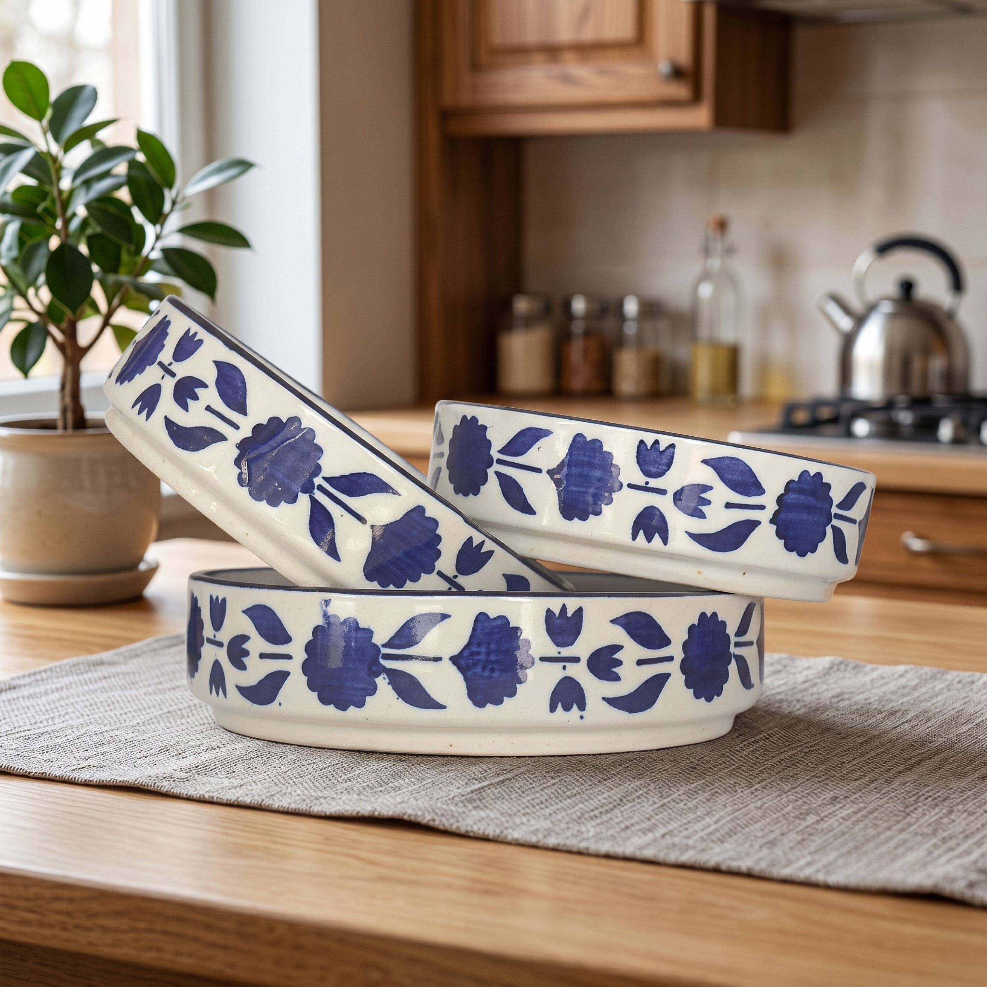 Premium Blue Ceramic Bowls - Set of 3 (Microwave Safe)