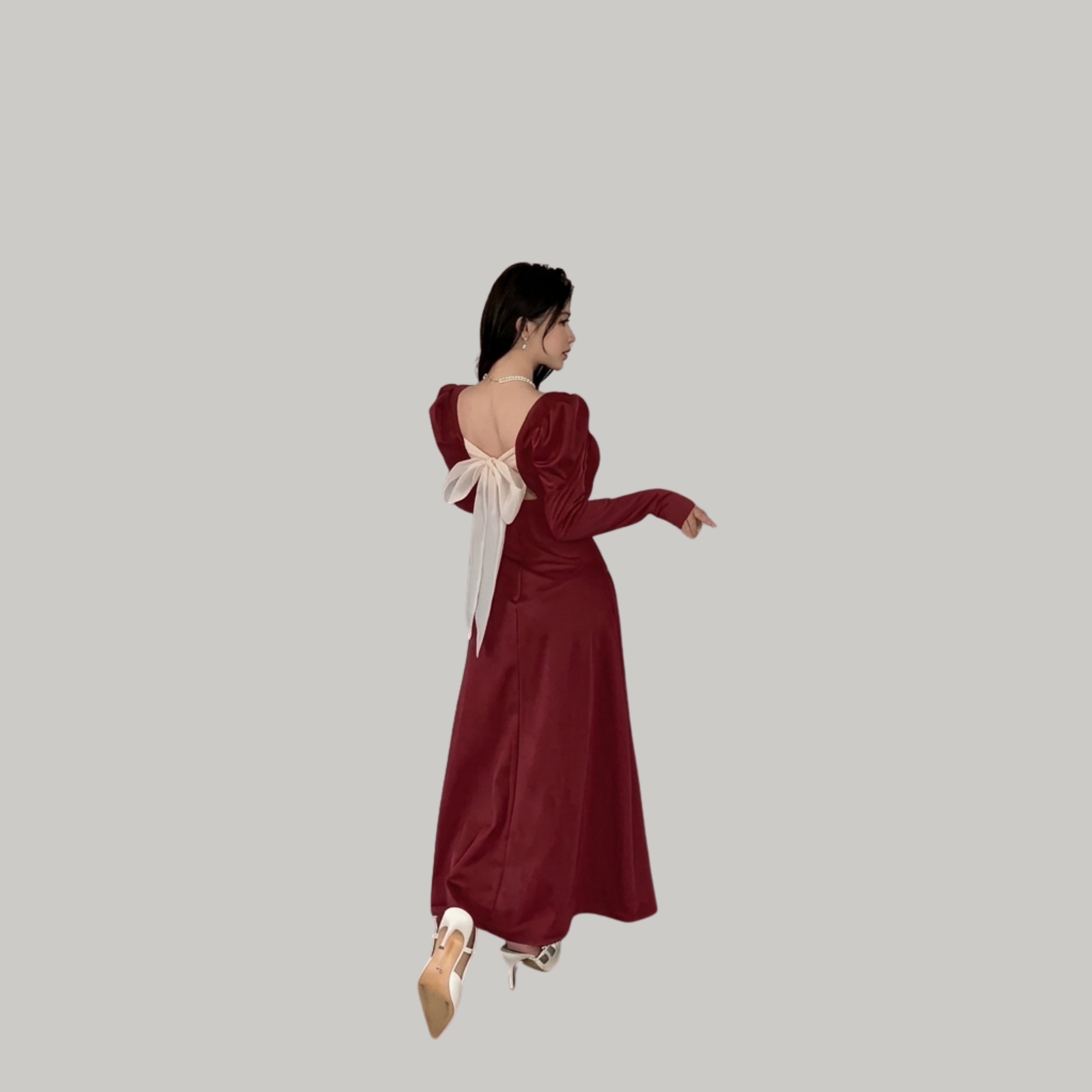 Burgundy Maxi Dress with White Bow Back – Elegant Long Sleeve Evening Dress