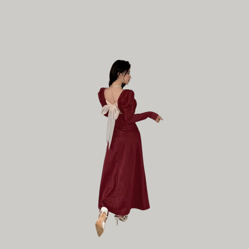 Burgundy Maxi Dress with White Bow Back – Elegant Long Sleeve Evening Dress